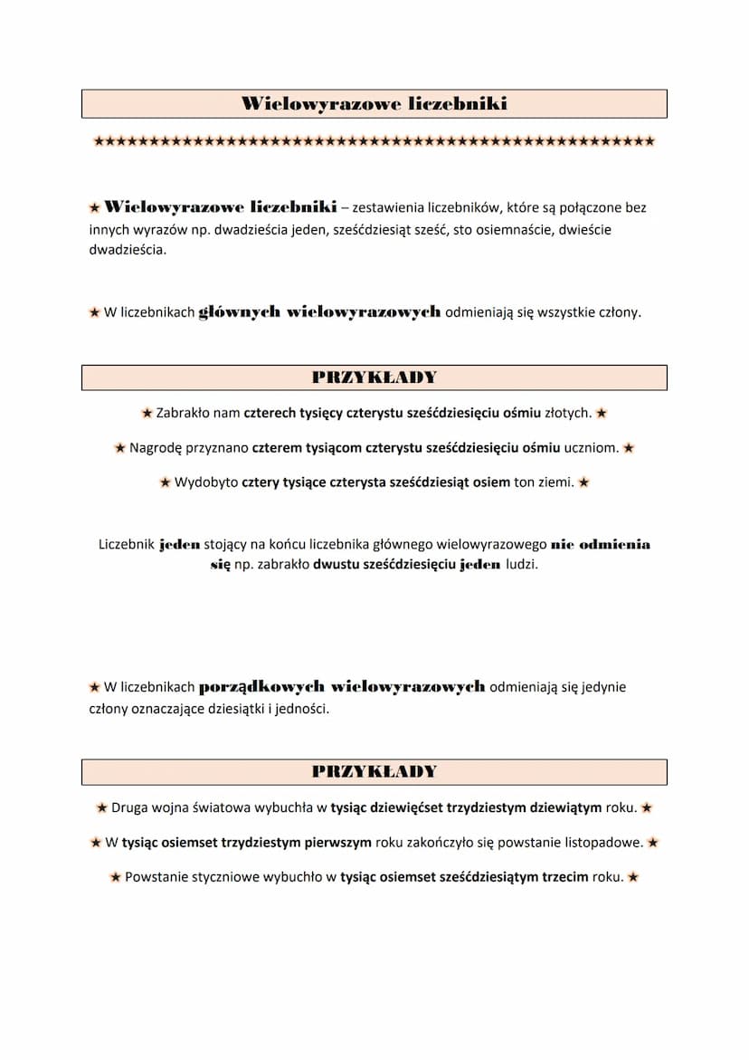 Podział na liczebniki główne i porządkowe,
wielowyrazowe liczebniki
Liczebnik - część mowy, która oznacza liczbę, ilość, kolejność, wielokro