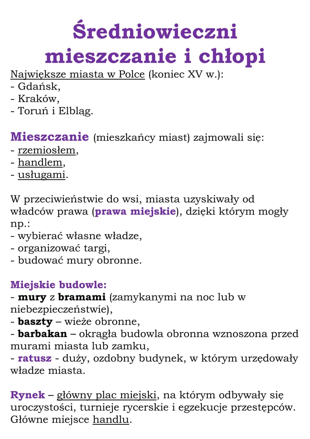 
<p>Mieszczanie w średniowieczu zajmowali się różnymi działaniami, takimi jak rzemiosło, handel i usługi. Miasta uzyskiwały prawa miejskie o