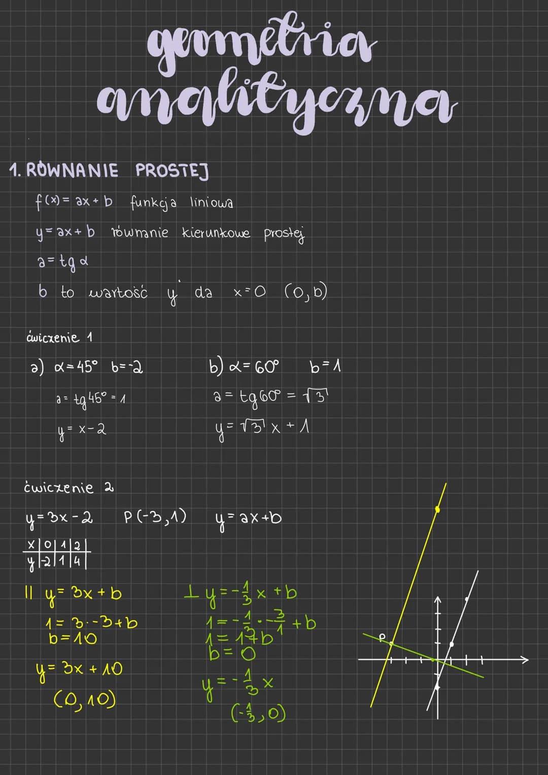 1. ROWNANIE PROSTEJ
f (x) = ax +
geometria
analityczna
y
1 = ax + b równanie kierunkowe prostej
.+ b funkcja liniowa
h
a=tga
6 to wartość
ćw