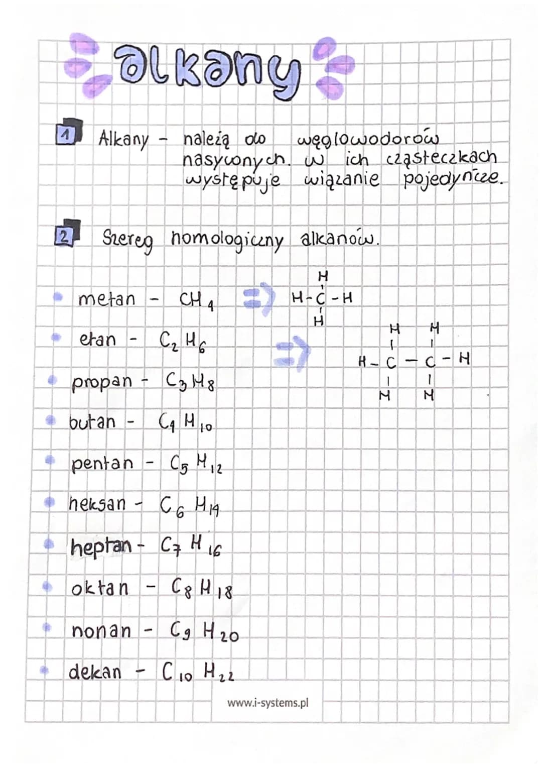 4
alkany
Alkany
metan
12 Szereg nomologiczny alkanow.
-
• pentan
eran
C₂ H6
• propan - C3 H 8
butan - C₁ H ₁0
C5 M12
C G H 14
heksan -
-
nal