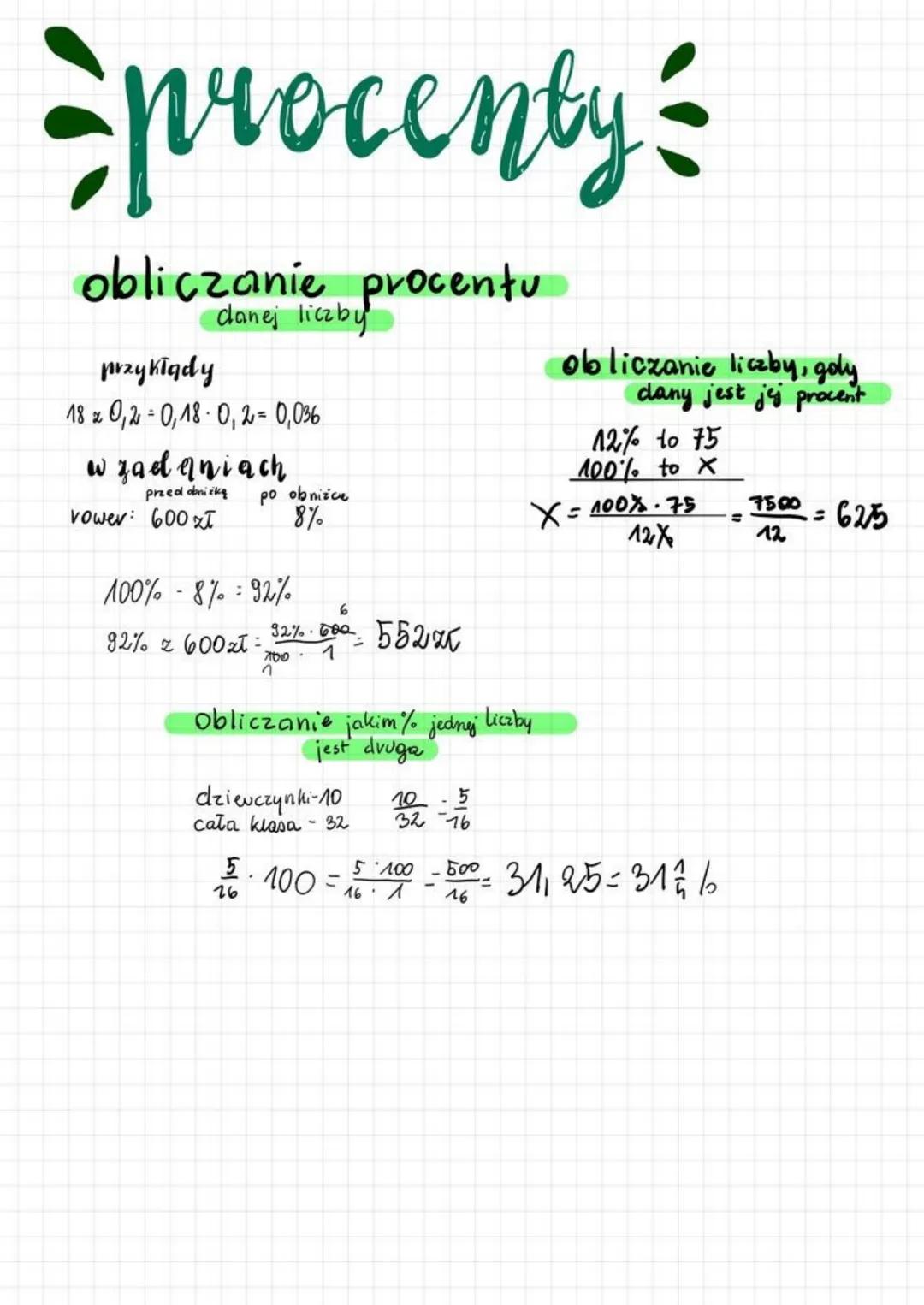 procenty
obliczanie procentu
danej liczby
przykłady
18 2 0,2-0,18 0,2 0,036
w zadaniach
przed obniżką
vower: 600 zł
po obniżce
8%
100%-8%92%