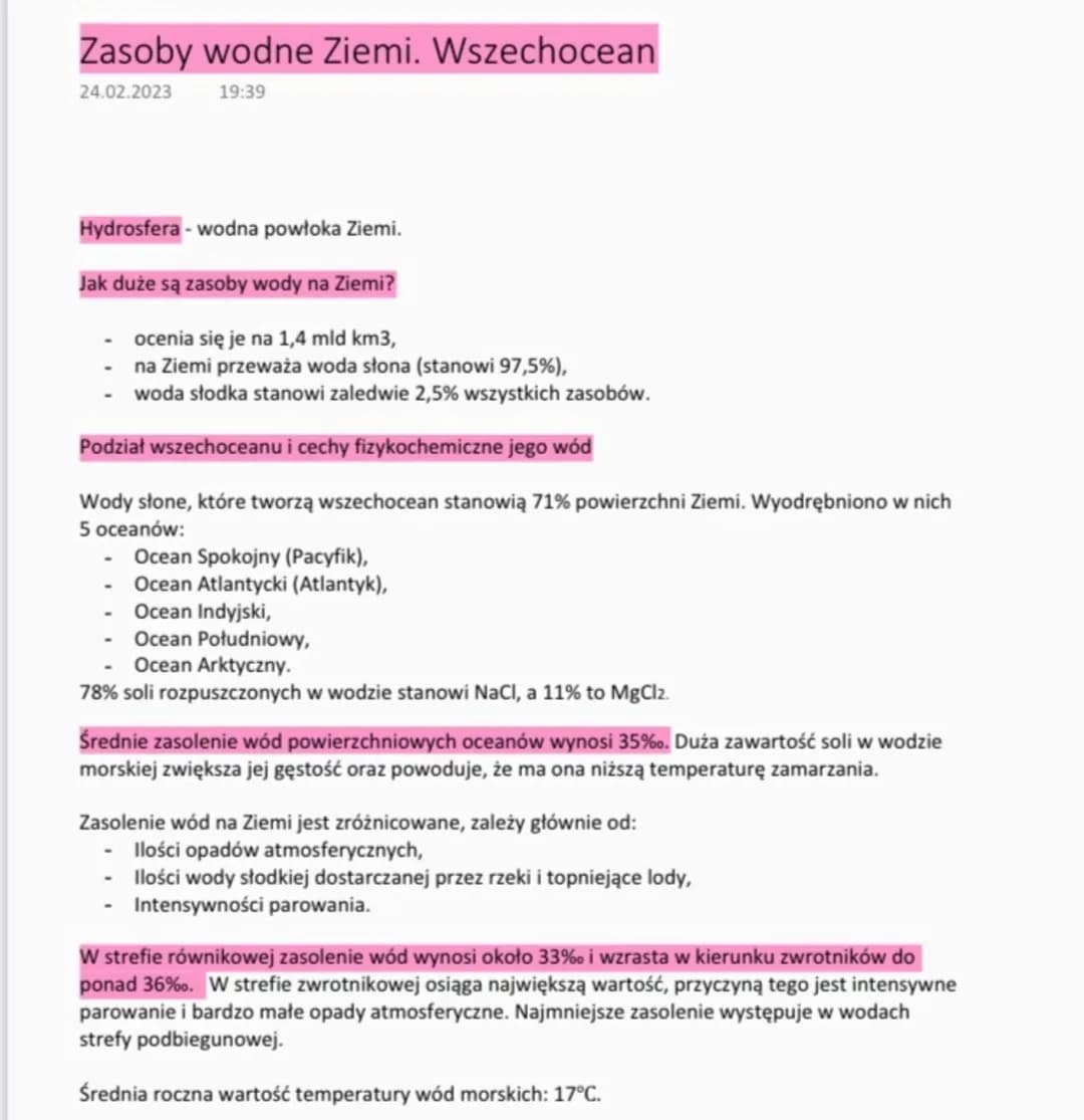 Zasoby wodne Ziemi. Wszechocean
24.02.2023 19:39
Hydrosfera - wodna powłoka Ziemi.
Jak duże są zasoby wody na Ziemi?
- ocenia się je na 1,4 
