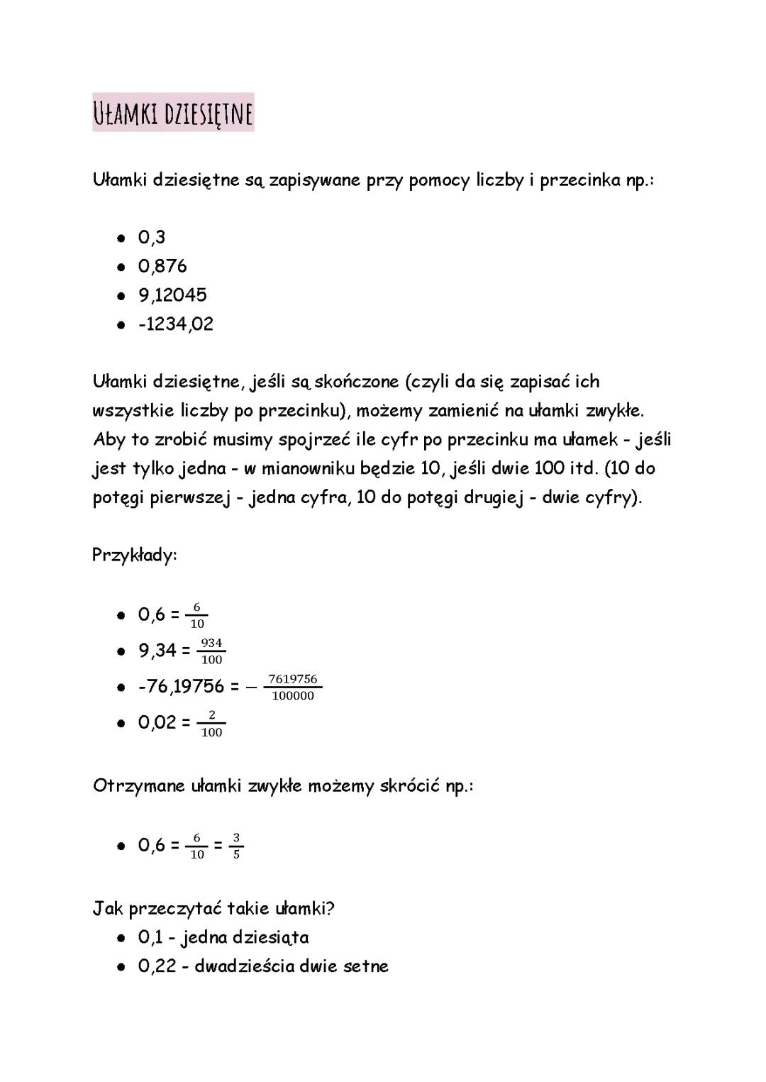 Ułamki dziesiętne i zwykłe - Zamiana, Przykłady, Zadania Klasa 4 i 5