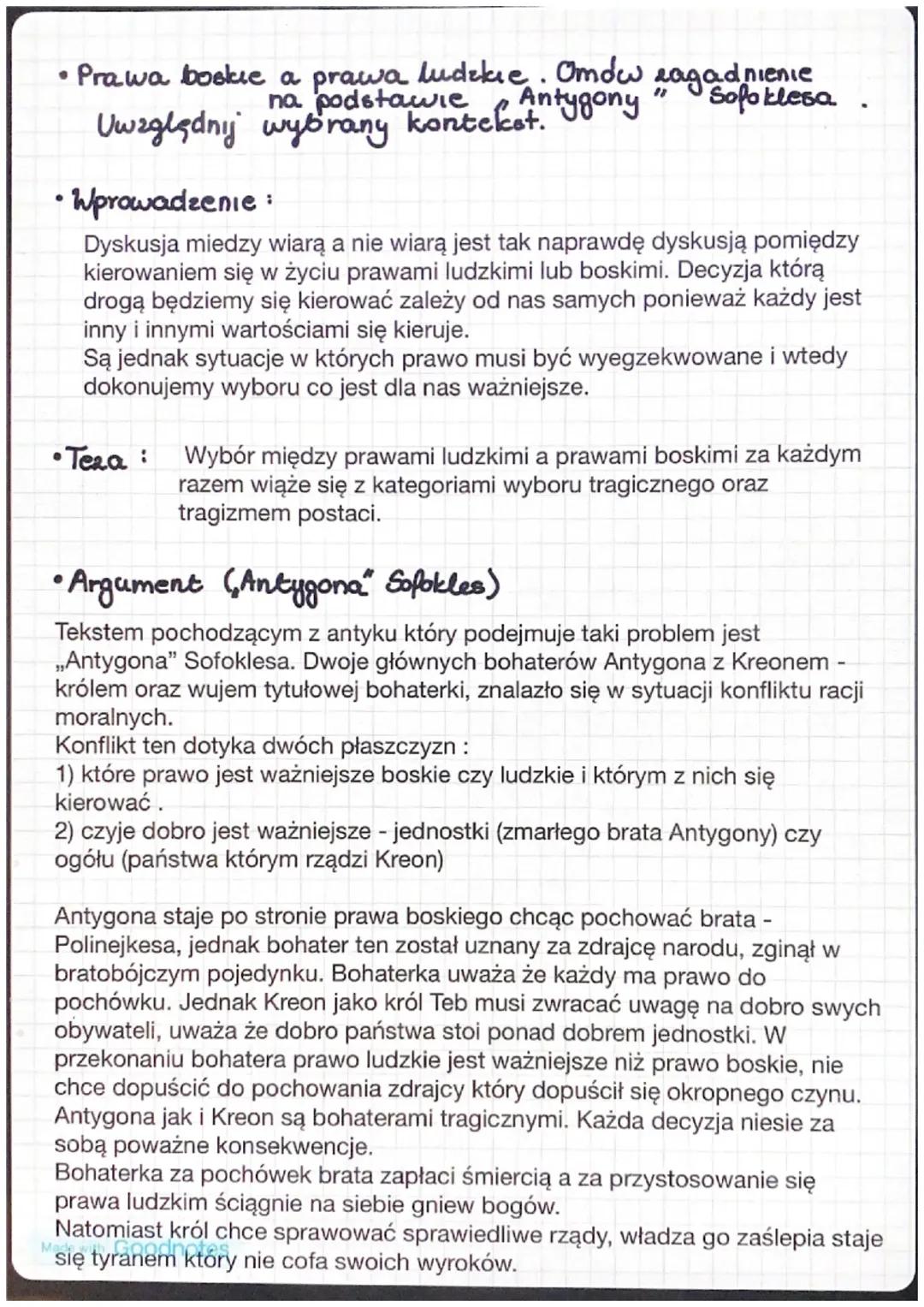 “Prawa boskie a prawa ludzkie. Omów na postawie “Antygony” Sofoklesa. Uwzględnij kontekst”
