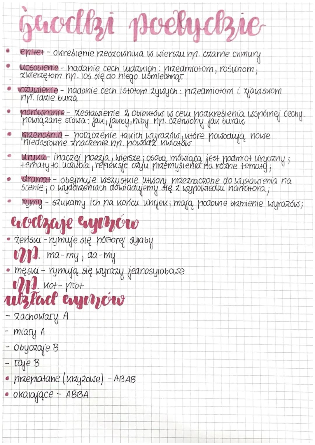 grodlzi poelychzie
enitet- określenie rzeczownika w wierszu np. czarne chmury
● uosobienie - nadanie cech ludzkich: przedmiotom, rosunom,
zw