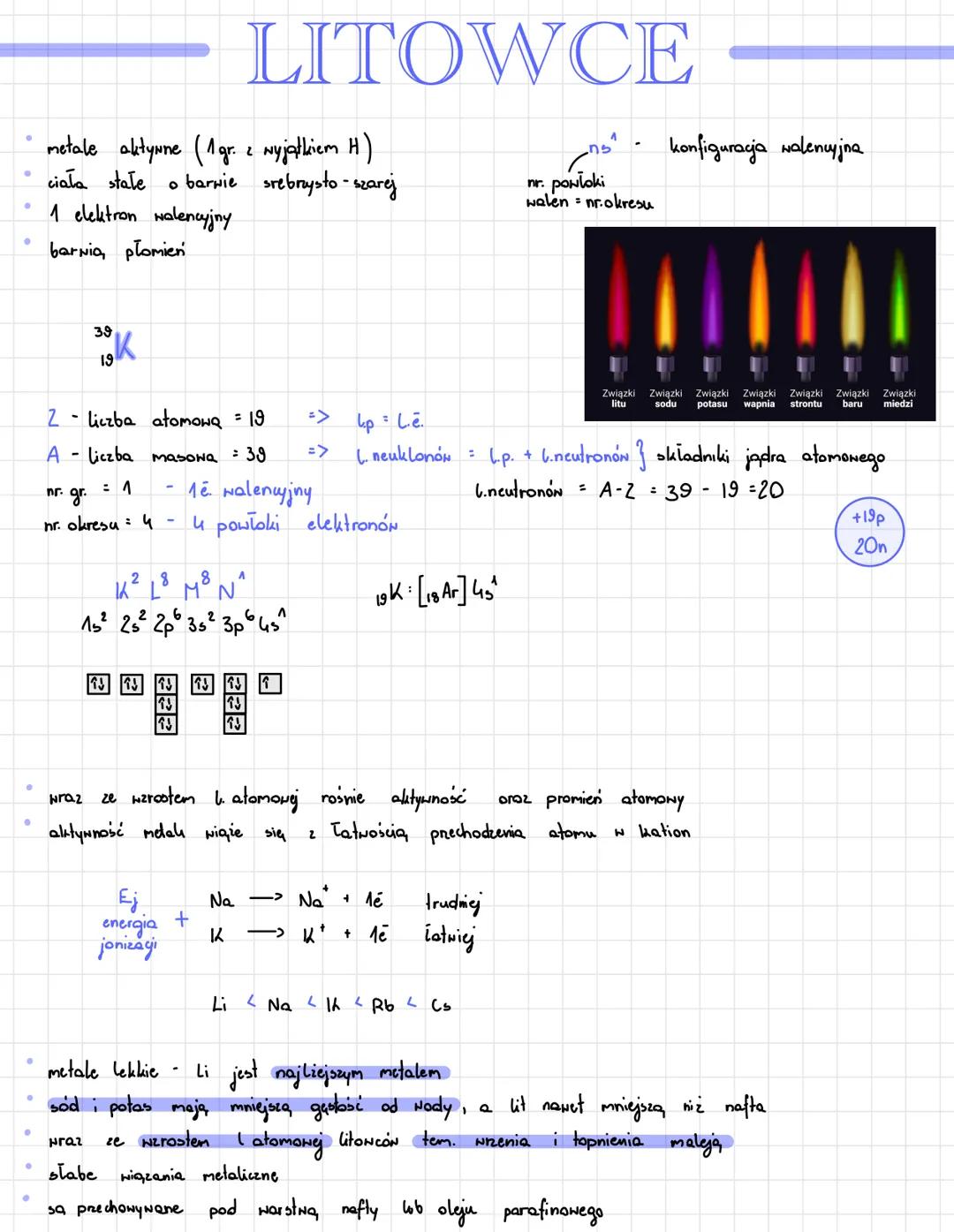 ●
metale aktywne (1gr. z wyjątkiem H)
2
ciała stale
。 barwie srebraysto- szarej
1 elektron walencyjny
barnia płomień
2
A
39
K
wraz
nr. gr.
n