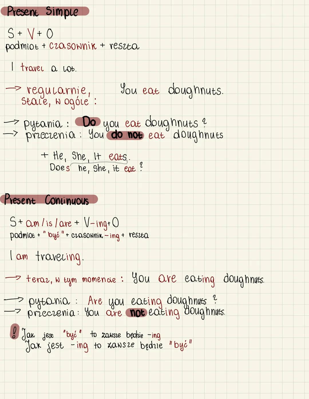 Present Simple
S+V+O
podmiot + czasownik + reszta
I travel a lot.
regularnie,
Stace, w ogóle:
→ pytania:
You eat doughnuts.
Do you eat dough