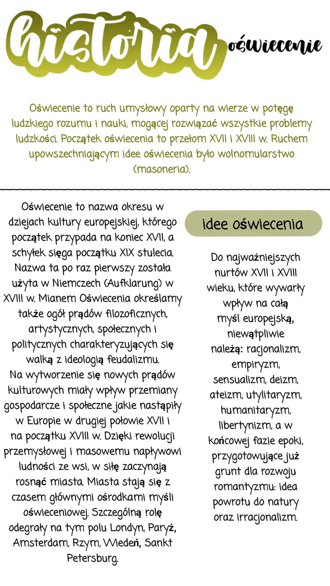 historia
Oświecenie to ruch umysłowy oparty na wierze w potęgę
ludzkiego rozumu i nauki, mogącej rozwiązać wszystkie problemy
ludzkości. Poc