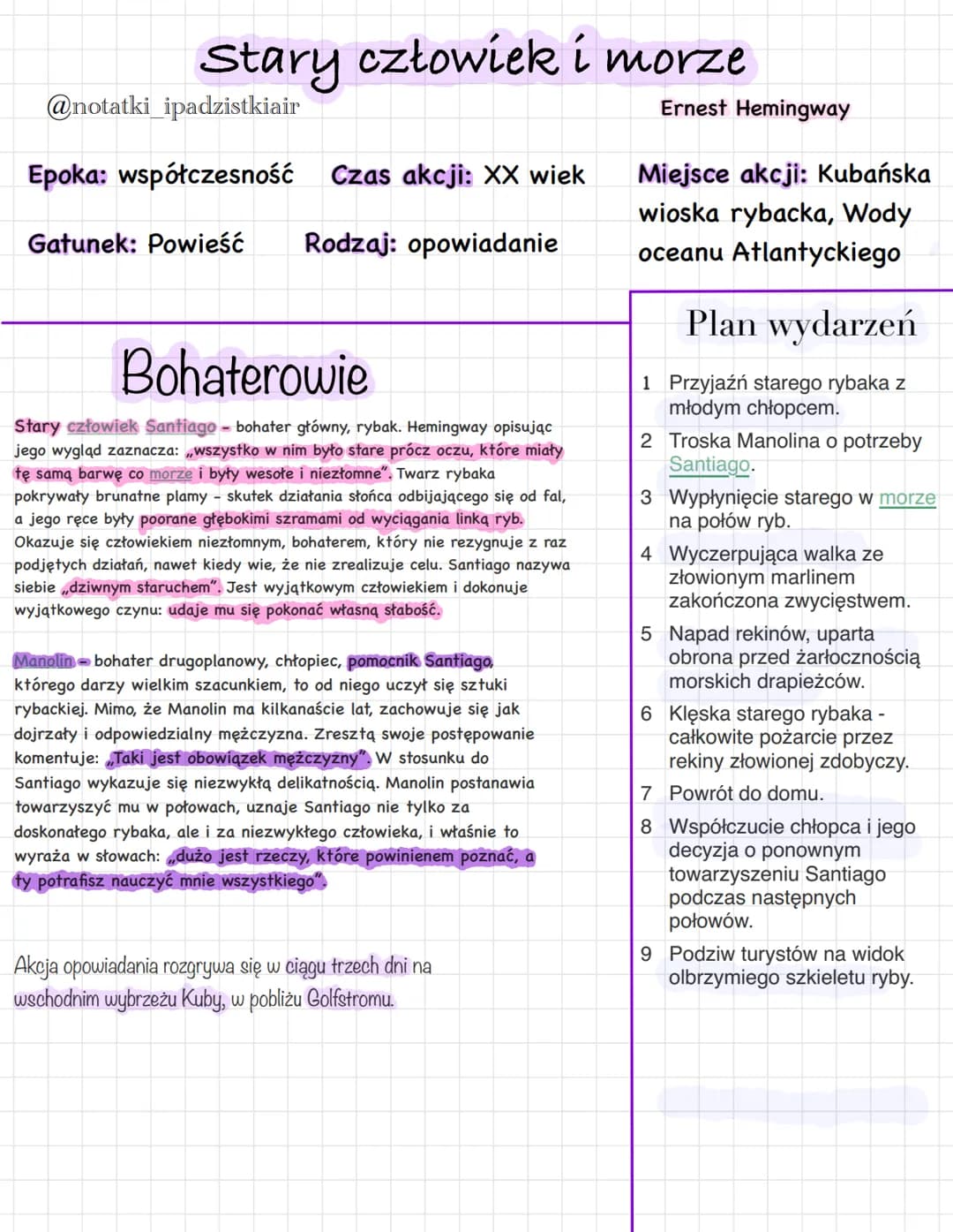 Stary człowiek i morze
@notatki_ipadzistkiair
Epoka: współczesność Czas akcji: XX wiek
Rodzaj: opowiadanie
Gatunek: Powieść
Bohaterowie
Star