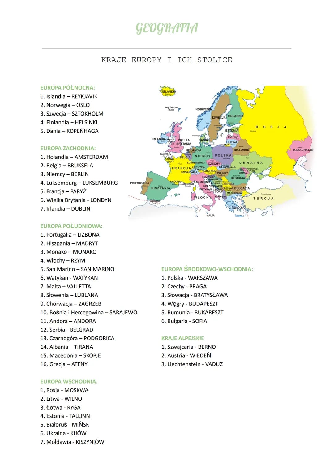 KRAJE EUROPY I ICH STOLICE
EUROPA PÓŁNOCNA:
1. Islandia - REYKJAVIK
2. Norwegia - OSLO
3. Szwecja - SZTOKHOLM
4. Finlandia - HELSINKI
5. Dan