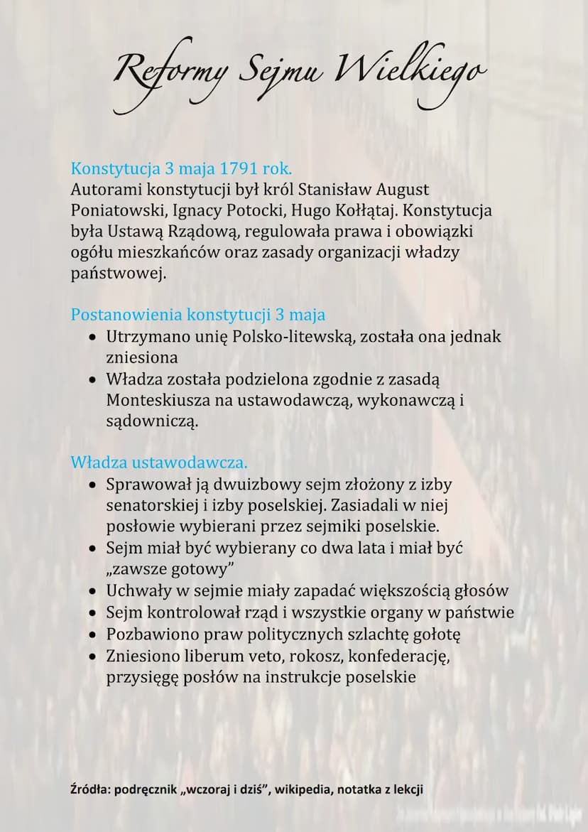Reformy Sejmu Wielkiego
Sejm Czteroletni został zwołany za zgodą carycy Katarzyny
II. Obradował do maja 1792 roku. Głównym dziełem Sejmu
Wie