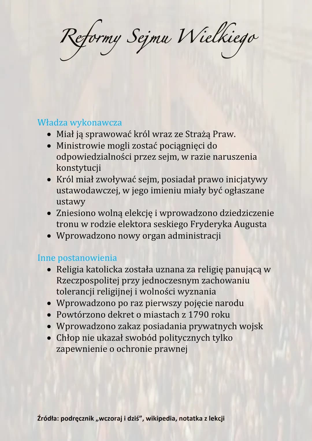 Reformy Sejmu Wielkiego
Sejm Czteroletni został zwołany za zgodą carycy Katarzyny
II. Obradował do maja 1792 roku. Głównym dziełem Sejmu
Wie