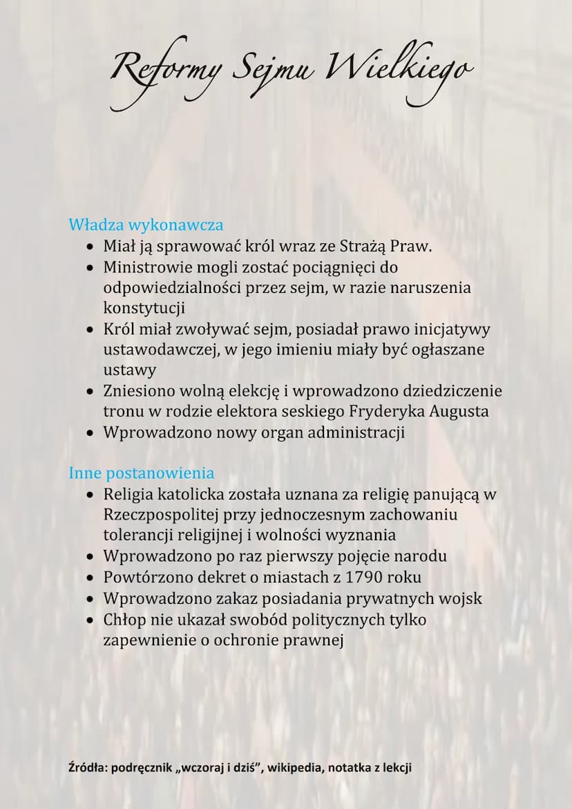 Reformy Sejmu Wielkiego
Sejm Czteroletni został zwołany za zgodą carycy Katarzyny
II. Obradował do maja 1792 roku. Głównym dziełem Sejmu
Wie