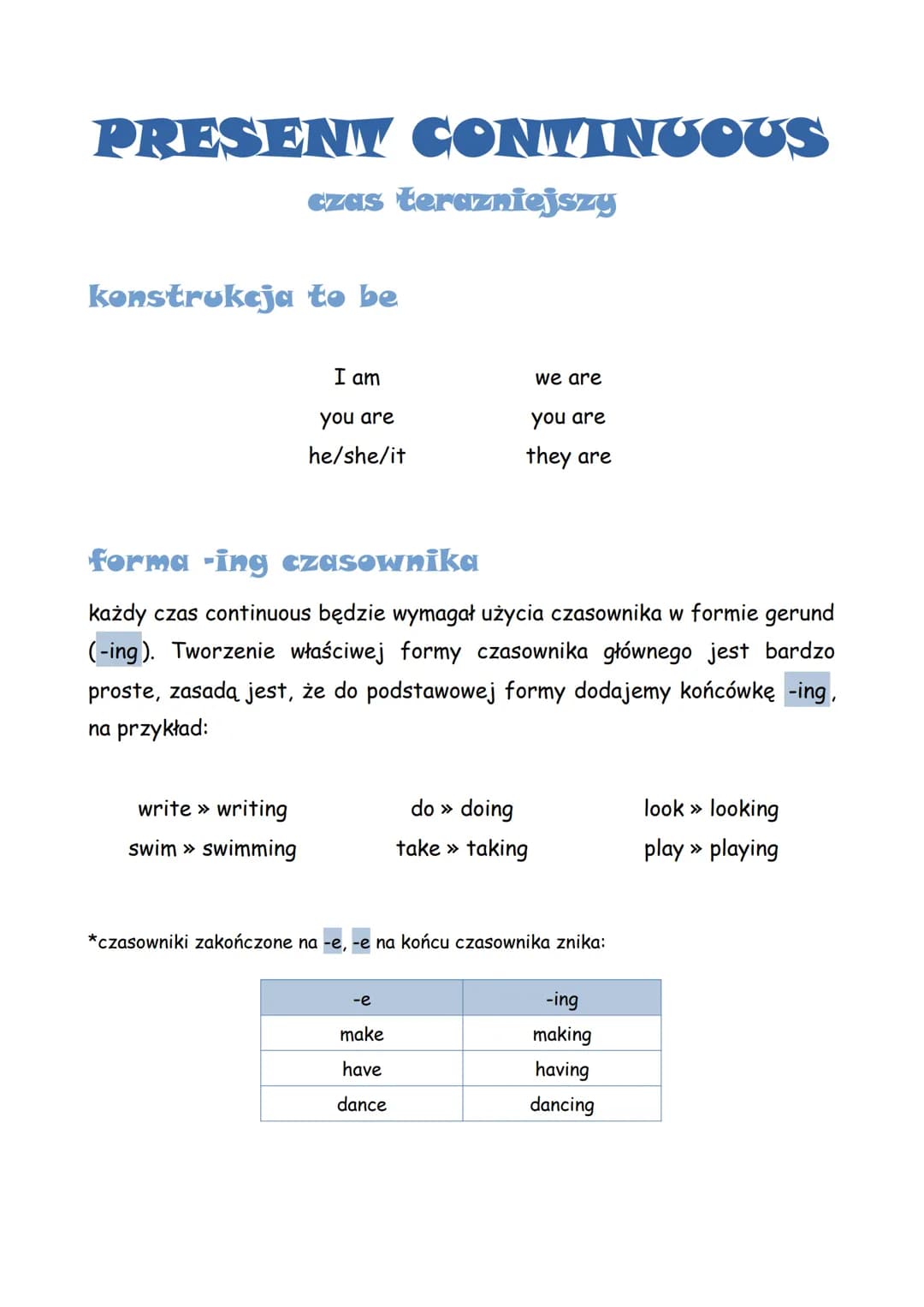 PRESENT CONTINUOUS
czas terazniejszy
konstrukcja to be
write >> writing
swim >> swimming
I am
you are
he/she/it
forma -ing czasownika
każdy 