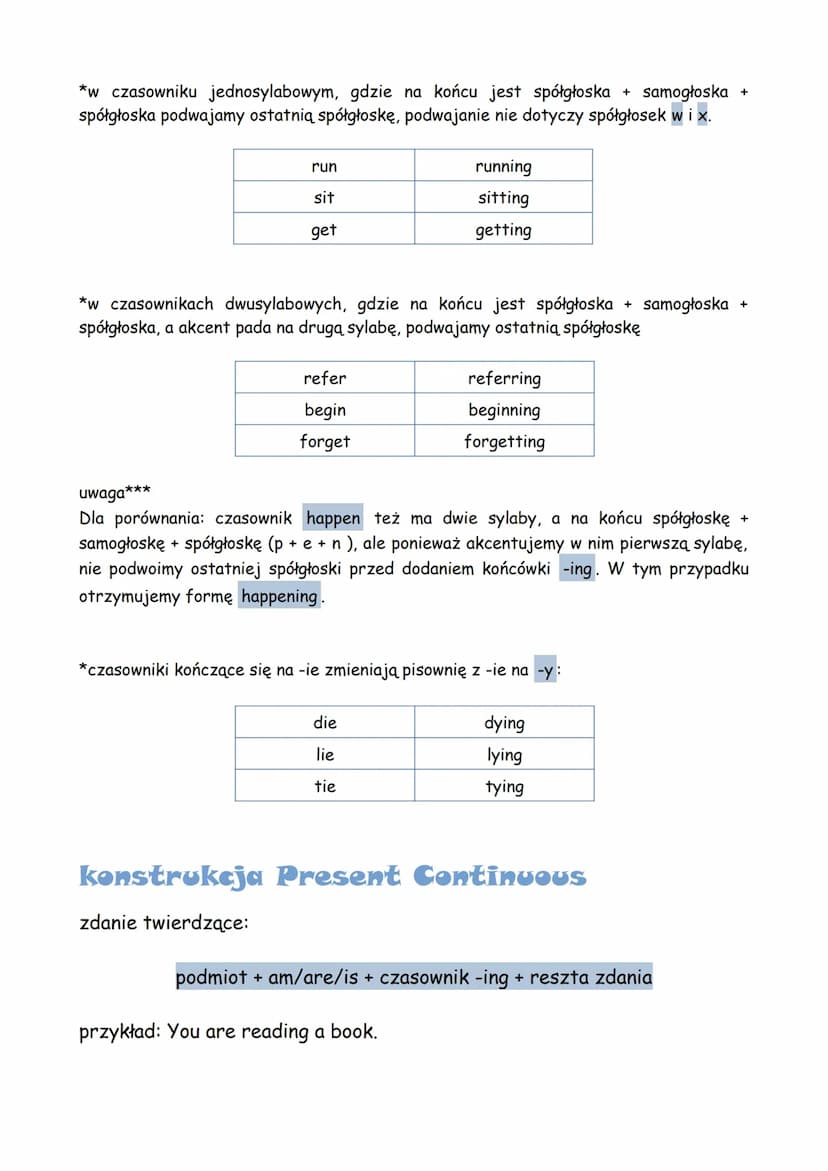 PRESENT CONTINUOUS
czas terazniejszy
konstrukcja to be
write >> writing
swim >> swimming
I am
you are
he/she/it
forma -ing czasownika
każdy 