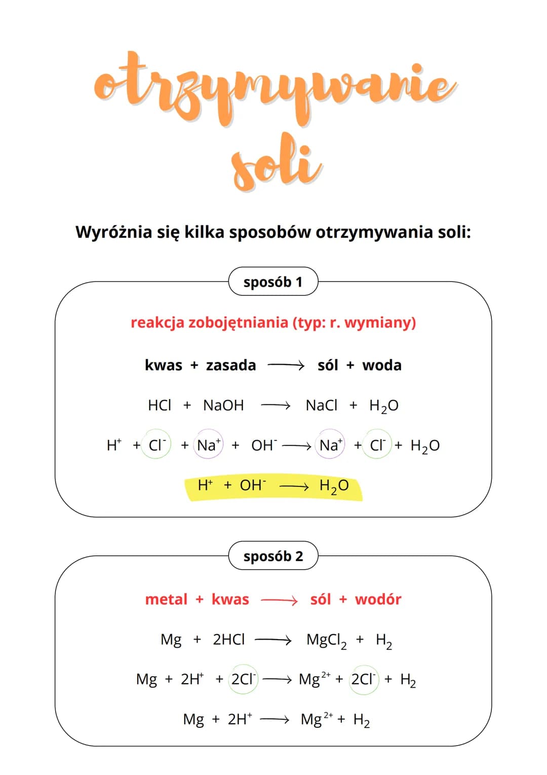 otrzymywanie
soli
Wyróżnia się kilka sposobów otrzymywania soli:
sposób 1
reakcja zobojętniania (typ: r. wymiany)
kwas + zasada
HCI + NaOH
H