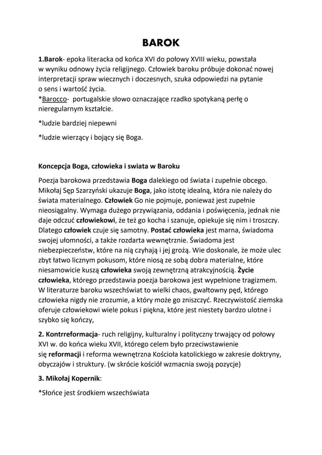 BAROK
1.Barok- epoka literacka od końca XVI do połowy XVIII wieku, powstała
w wyniku odnowy życia religijnego. Człowiek baroku próbuje dokon