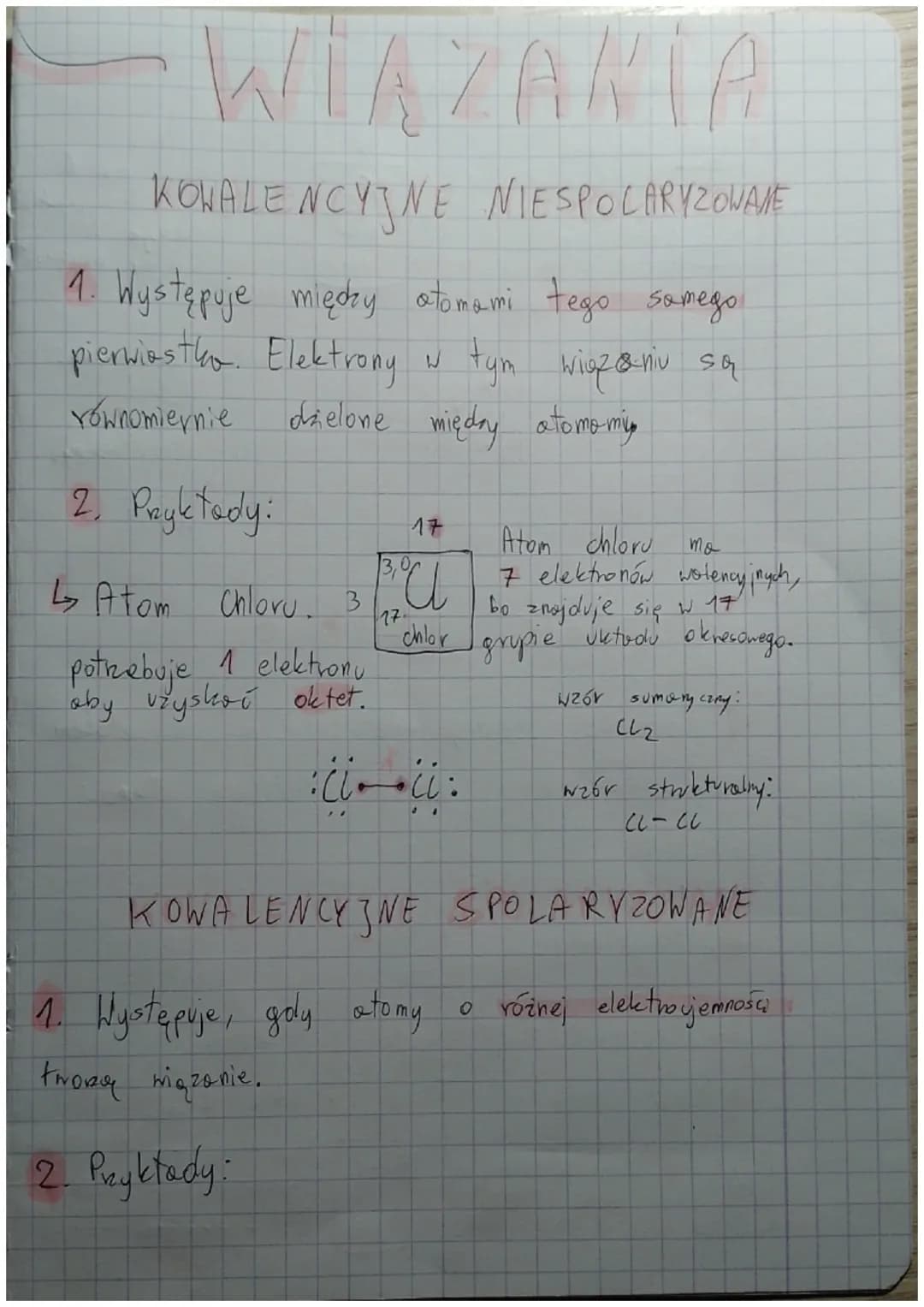 WIĄZANIA
KONALENCYJNE NIESPOLARYZOWANE
1. Występuje między atomami tego samego
pierwiastko. Elektrony w tym wiązaniu są
równomiernie
2. Przy