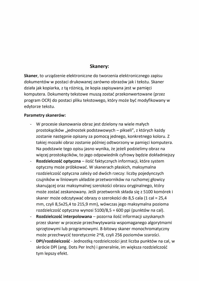 Drukarki:
Drukarka, to urządzenie peryferyjne, używane do drukowania tekstów i grafiki
na różnych nośnikach, a w szczególności na papierze. 