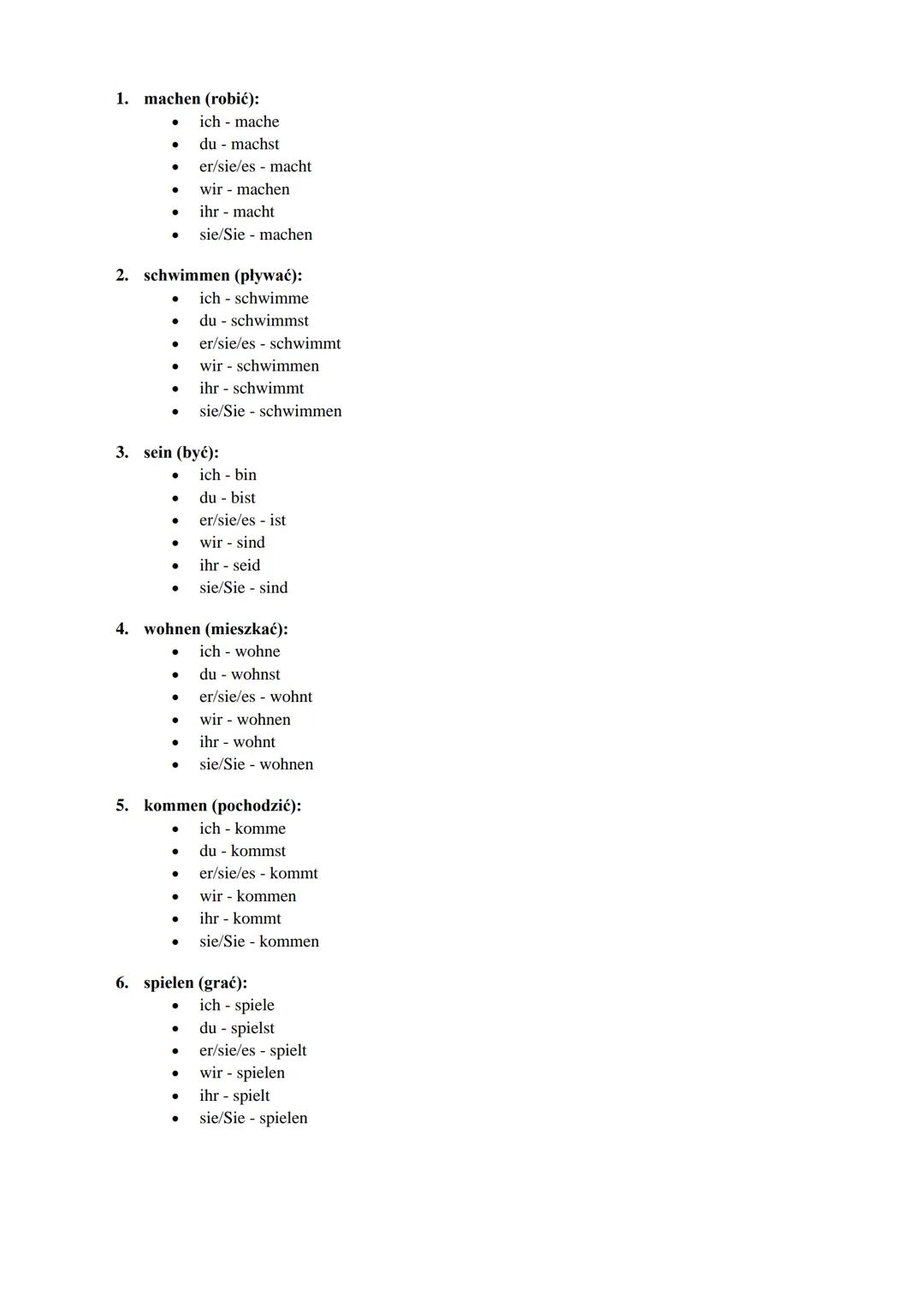 1. machen (robić):
●
●
●
●
●
●
2. schwimmen (pływać):
ich schwimme
du - schwimmst
er/sie/es - schwimmt
●
●
●
●
●
●
3. sein (być):
●
●
●
●
4.