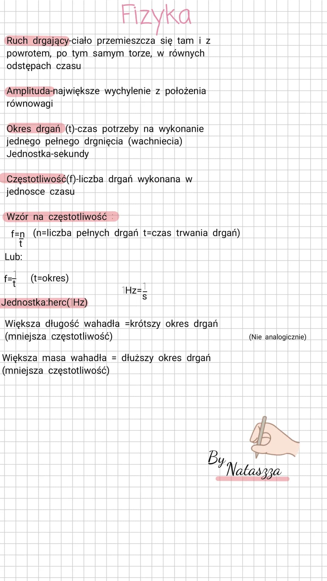 Fizyka
Ruch drgający-ciało przemieszcza się tam i z
powrotem, po tym samym torze, w równych
odstępach czasu
Amplituda-największe wychylenie 