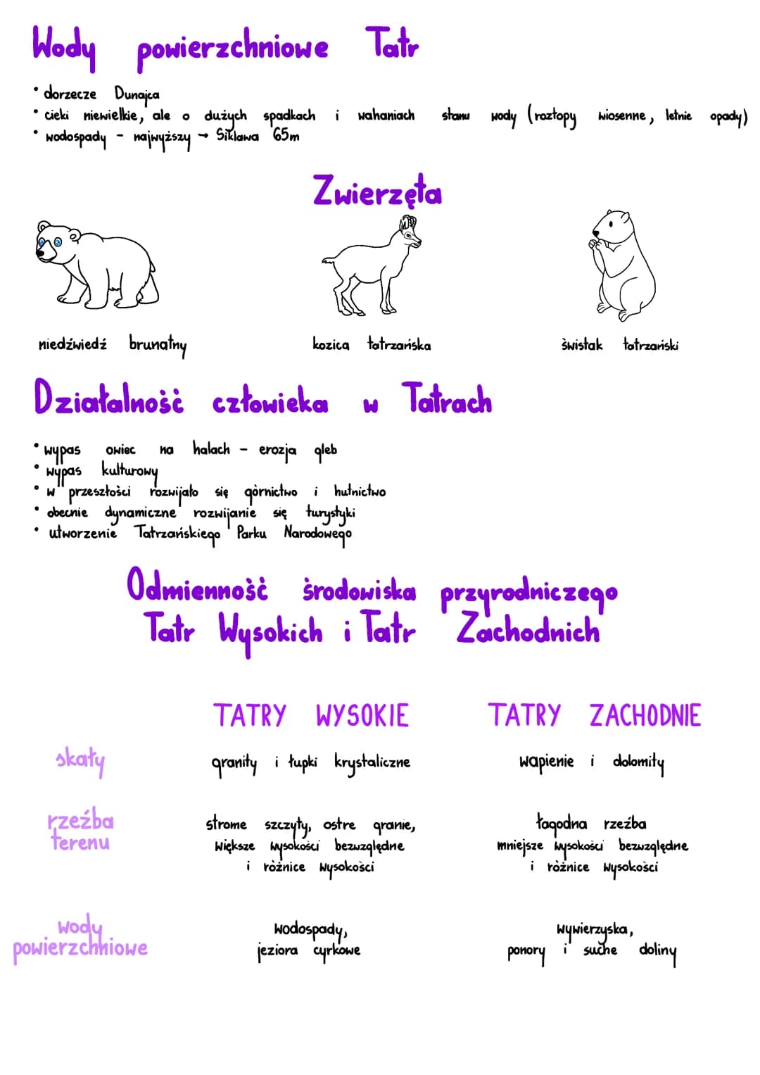 Wody powierzchniowe Tatr
• dorzecze Dunajca
cieki niewielkie, ale o
dużych spadkach i wahaniach stanu wody (roztopy wiosenne, letnie opady)
