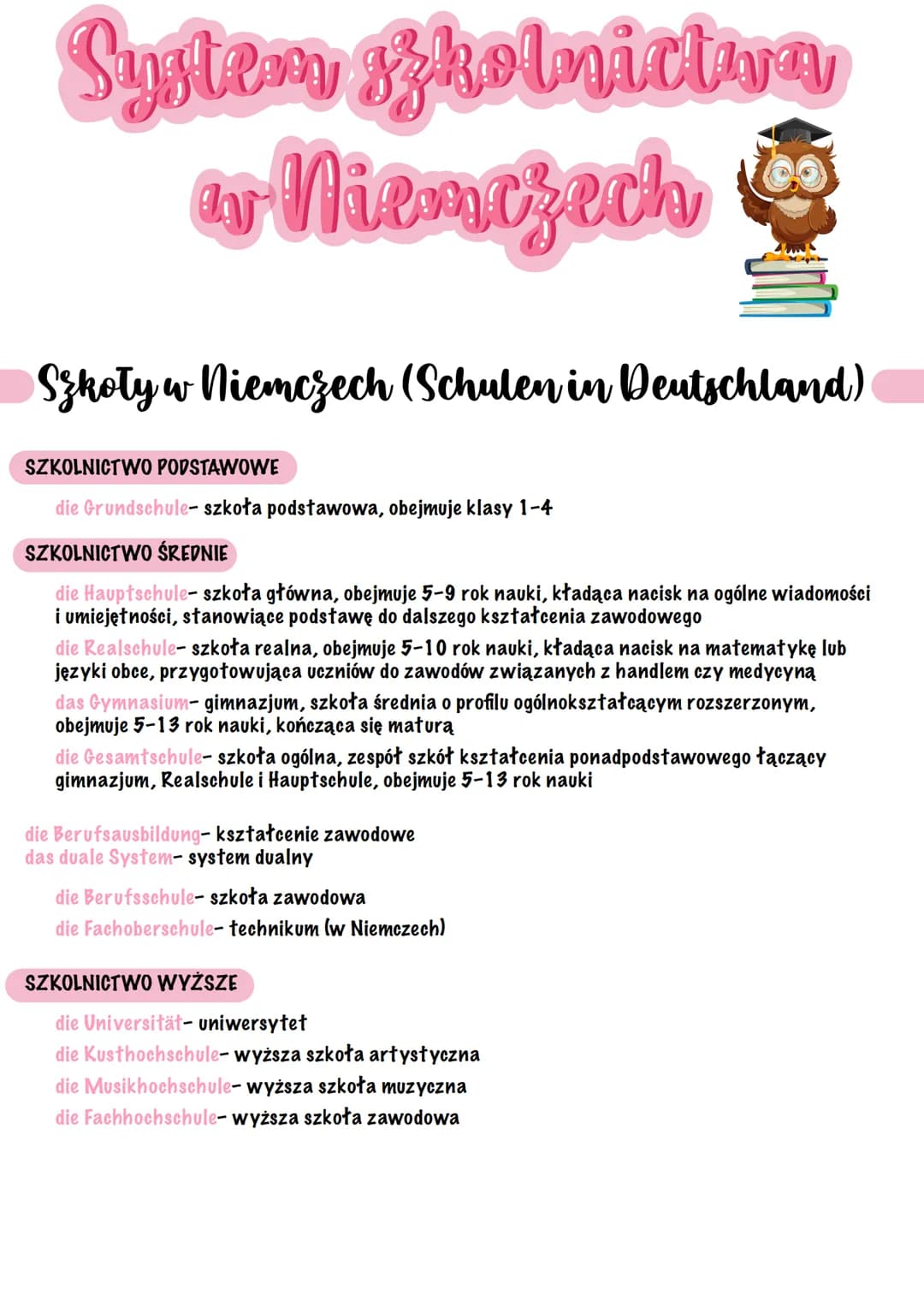 System szkolnictwa
av Niemczech tos
Szkoły w Niemczech (Schulen in Deutschland)
SZKOLNICTWO PODSTAWOWE
die Grundschule-szkoła podstawowa, ob
