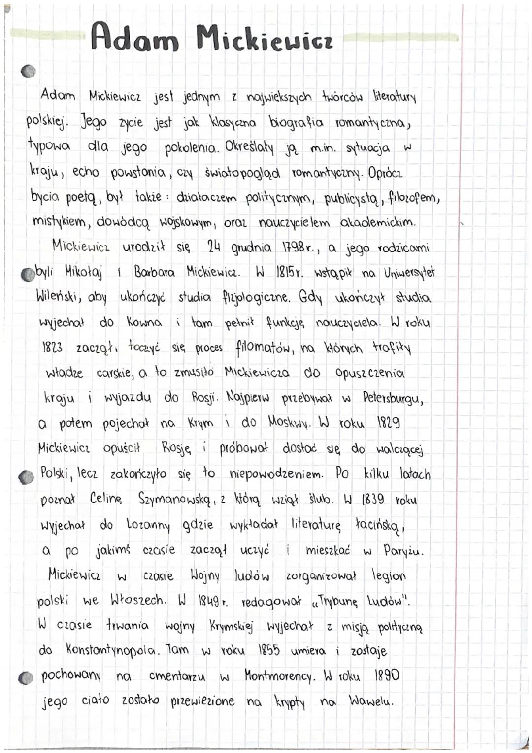 # Adam Mickiewicz

Adam Mickiewicz jest jednym z największych twórców literatury
polskiej. Jego życie jest jak klasyczna biografia romantycz