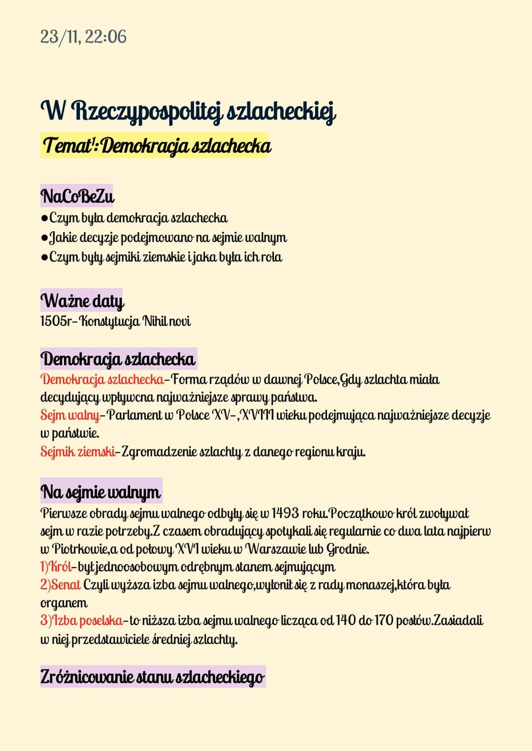 23/11, 22:06
W Rzeczypospolitej szlacheckiej
Temat: Demokracja szlachecka
NaCo BeZu
Czym była demokracja szlachecka
•Jakie decyzje podejmowa