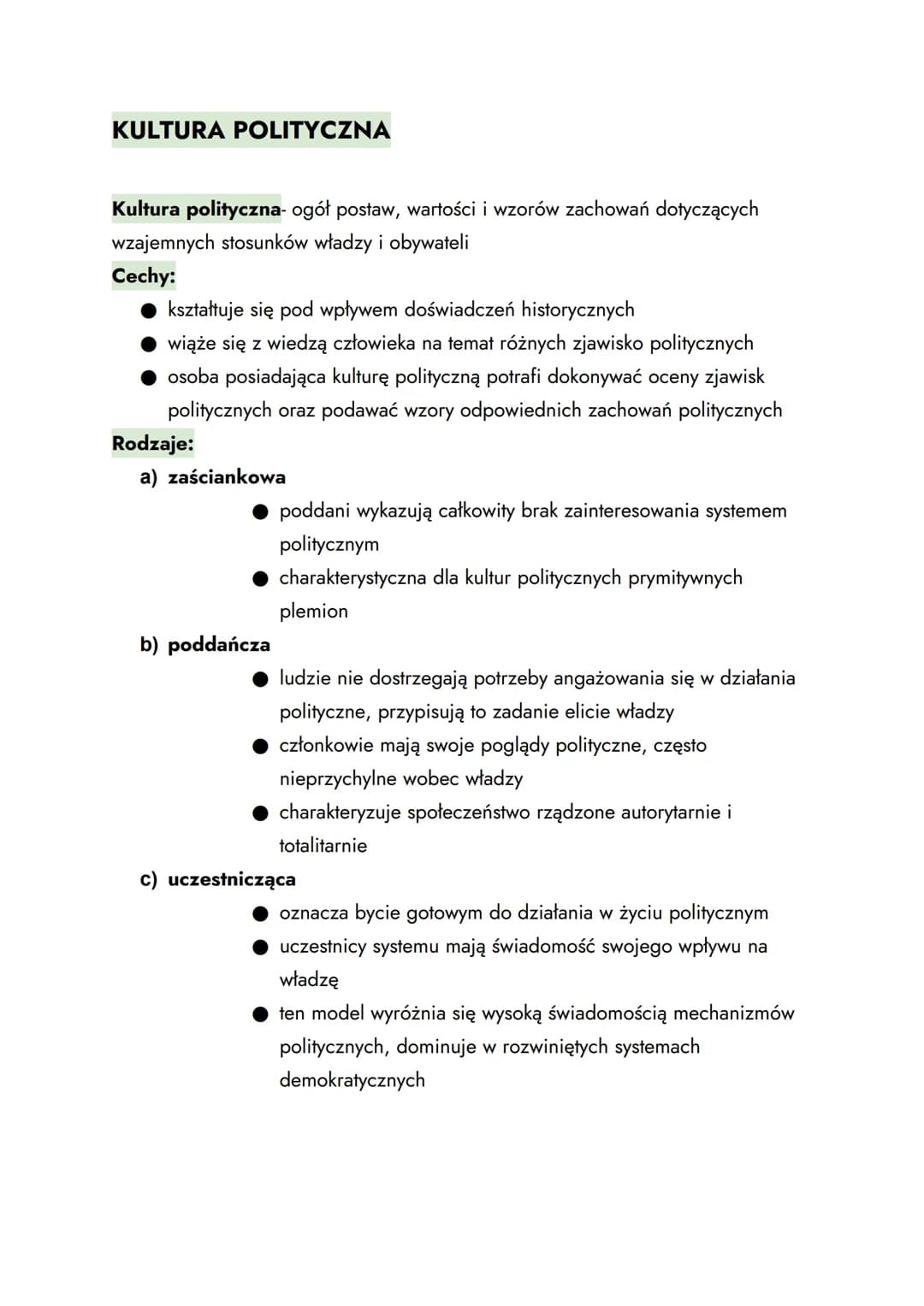 KULTURA POLITYCZNA
Kultura polityczna- ogół postaw, wartości i wzorów zachowań dotyczących
wzajemnych stosunków władzy i obywateli
Cechy:
ks