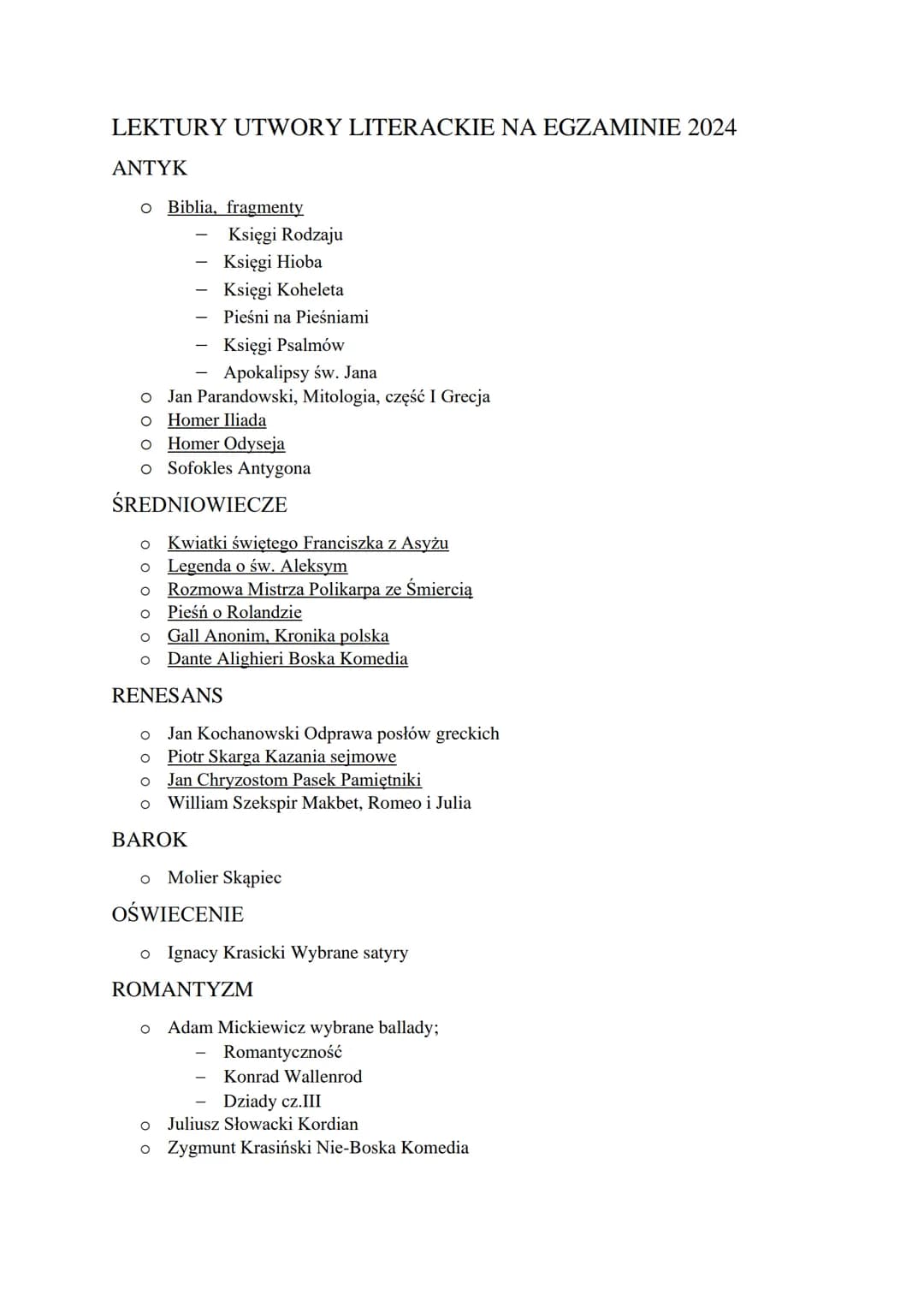 LEKTURY UTWORY LITERACKIE NA EGZAMINIE 2024
ANTYK
o Biblia, fragmenty
-
Apokalipsy św. Jana
O Jan Parandowski, Mitologia, część I Grecja
O H