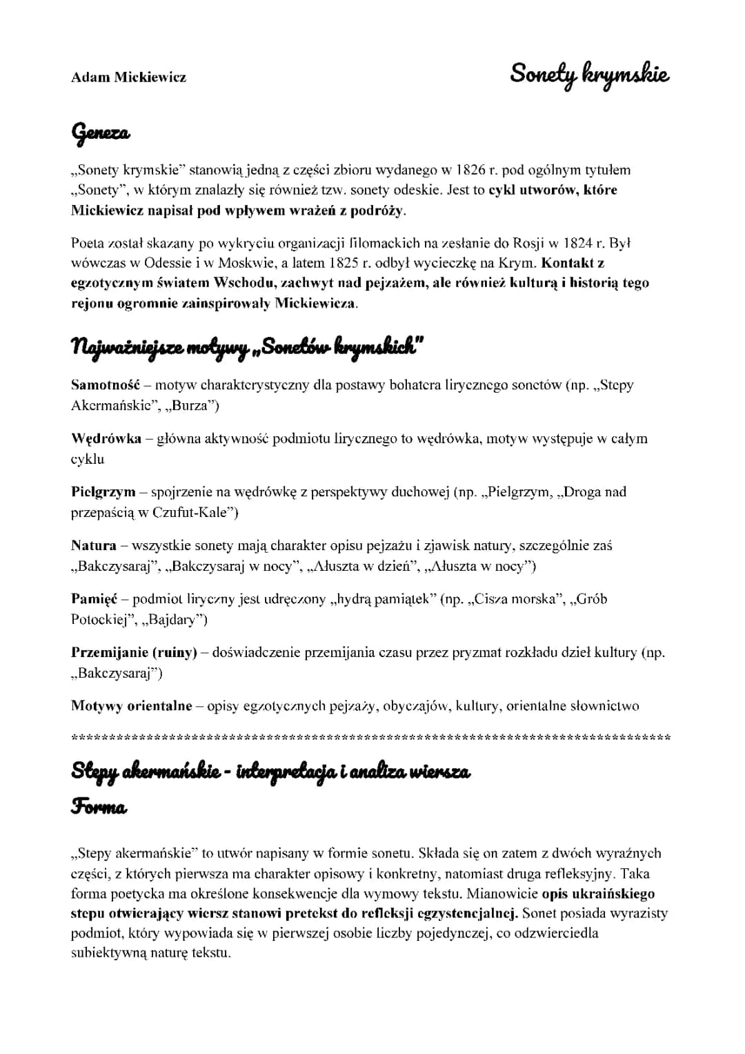 Sonety krymskie tytuły, streszczenia i interpretacje