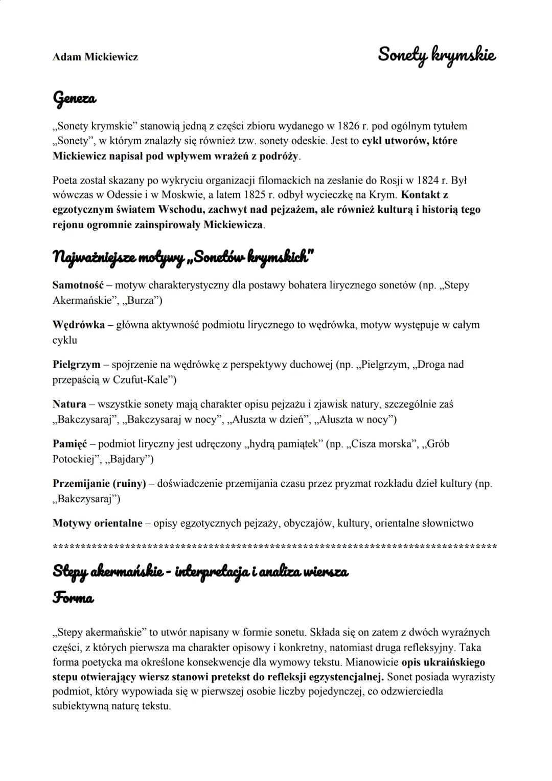 Adam Mickiewicz
Sonety krymskie
Genera
,,Sonety krymskie" stanowią jedną z części zbioru wydanego w 1826 r. pod ogólnym tytułem
,,Sonety", w