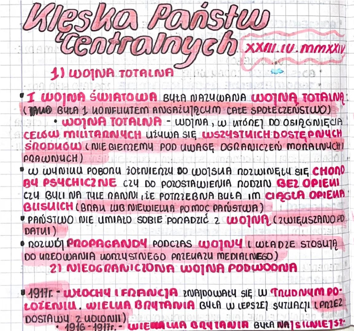 Klęska Państw
Centralnych
1) WOJNA TOTALNA as
XXIII.v.mmxxiv
I WOJNA ŚWIATOWA BYŁA NAZYWANA WOJNA TOTALNĄ:
(TAMO BULA 1 UONFLIUTEM ANGAZując