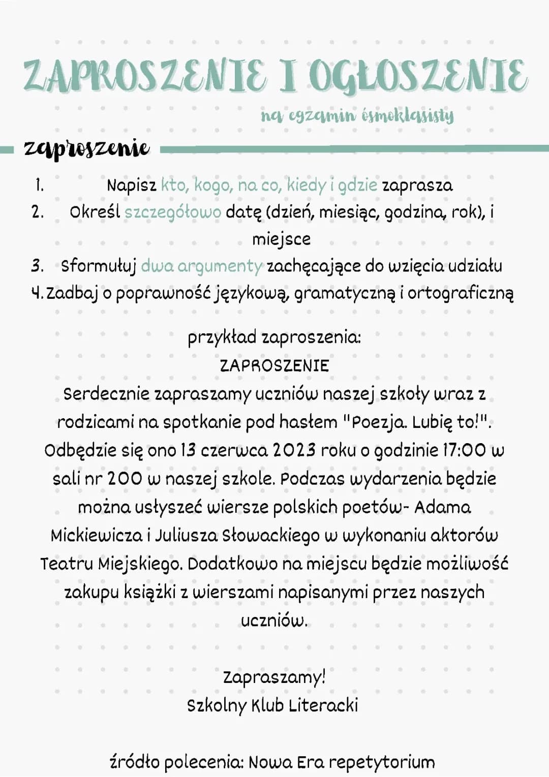 Zaproszenie i ogłoszenie na egzamin ósmoklasisty. 