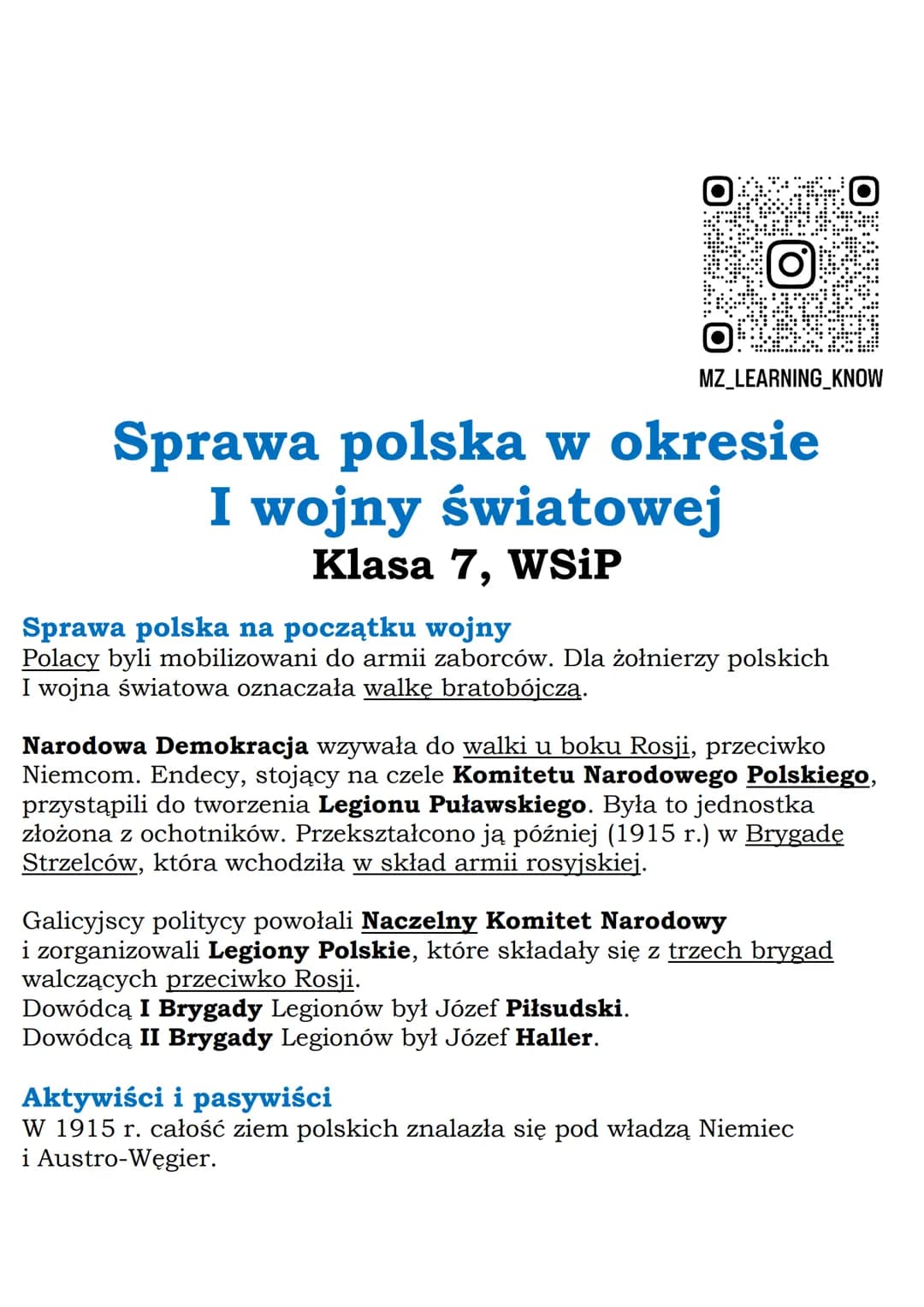 --- OCR Start ---
MZ_LEARNING_KNOW
Sprawa polska w okresie
I wojny światowej
Klasa 7, WSiP
Sprawa polska na początku wojny
Polacy byli mobil