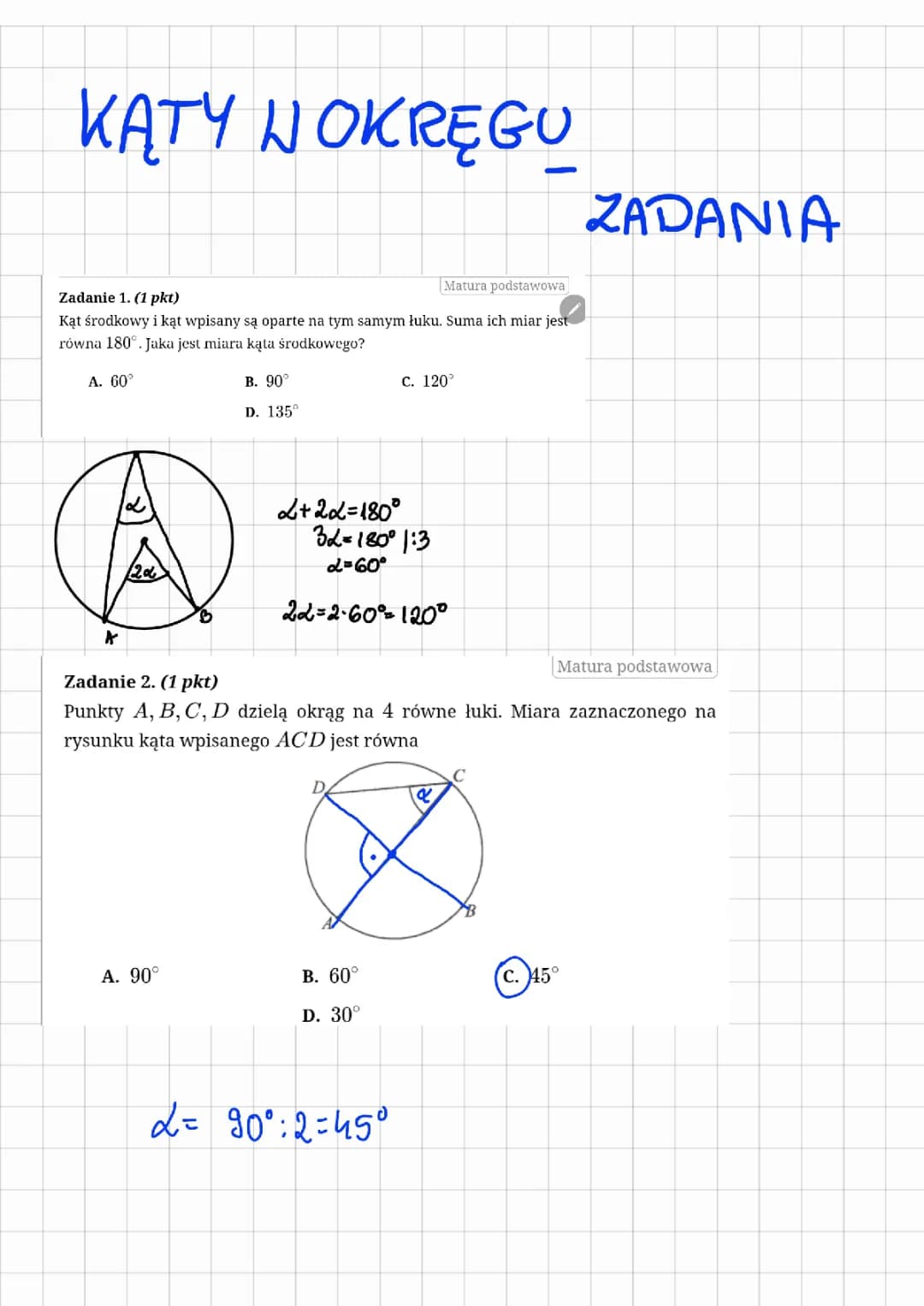 Kąty w okręgu - zadania PDF, wzory i twierdzenia