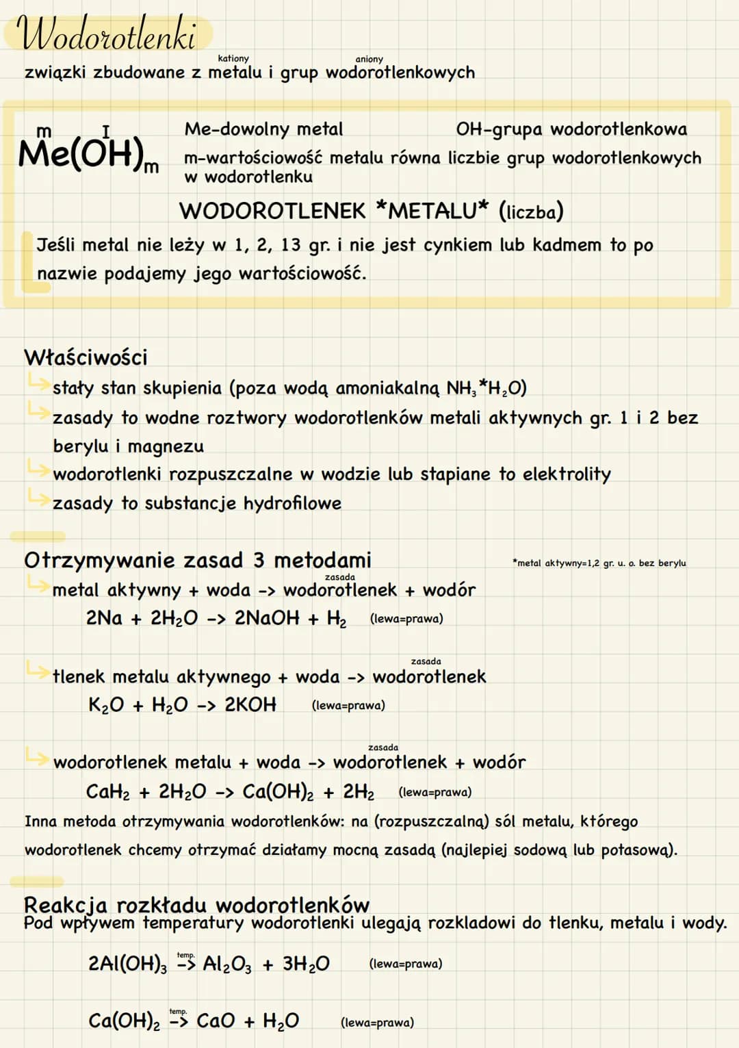 Wodorotlenki
kationy
związki zbudowane z metalu i grup wodorotlenkowych
Me(OH).m
Me-dowolny metal
OH-grupa wodorotlenkowa
m-wartościowość me