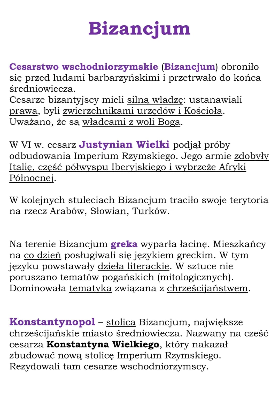 Bizancjum
Cesarstwo wschodniorzymskie (Bizancjum) obroniło
się przed ludami barbarzyńskimi i przetrwało do końca
średniowiecza.
Cesarze biza
