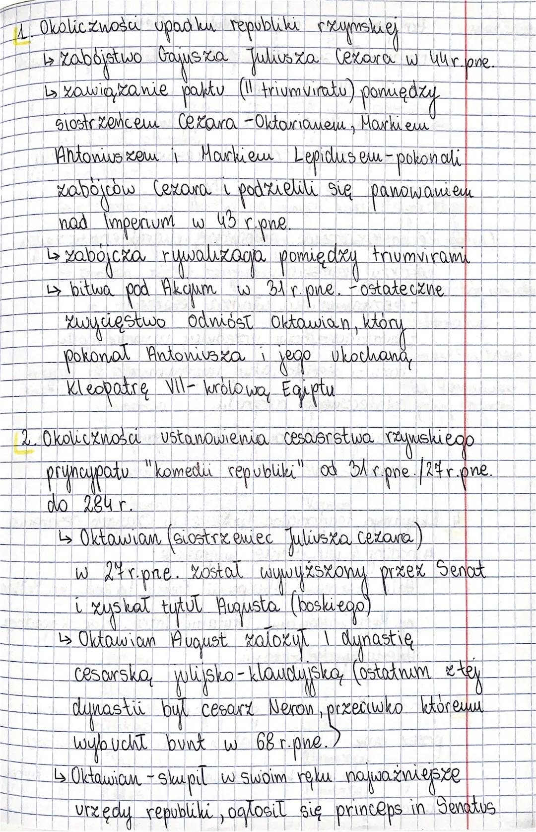 1. Okoliczności upadku republiki rzymskiej.
↳ zabójstwo Gajusza Juliusza Cezara w 44r.one.
↳ xawiązanie paktu (11 triumviratu) pomiędzy
Sios