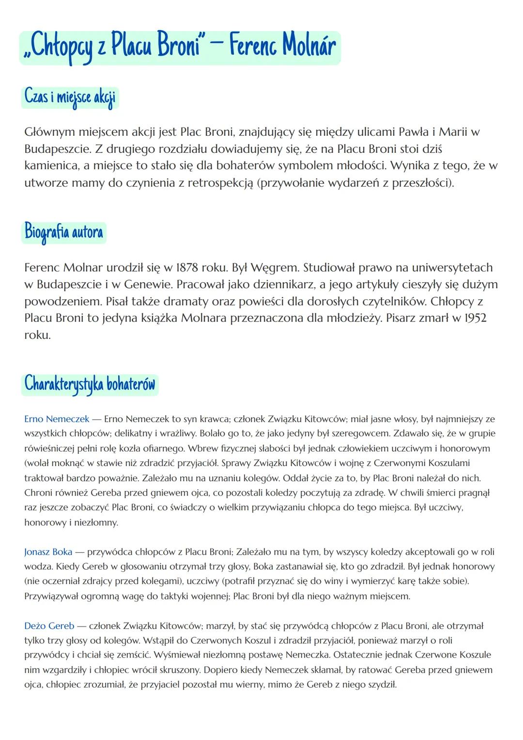 „Chłopcy z Placu Broni" - Ferenc Molnár
Czas i miejsce akcji
Głównym miejscem akcji jest Plac Broni, znajdujący się między ulicami Pawła i M