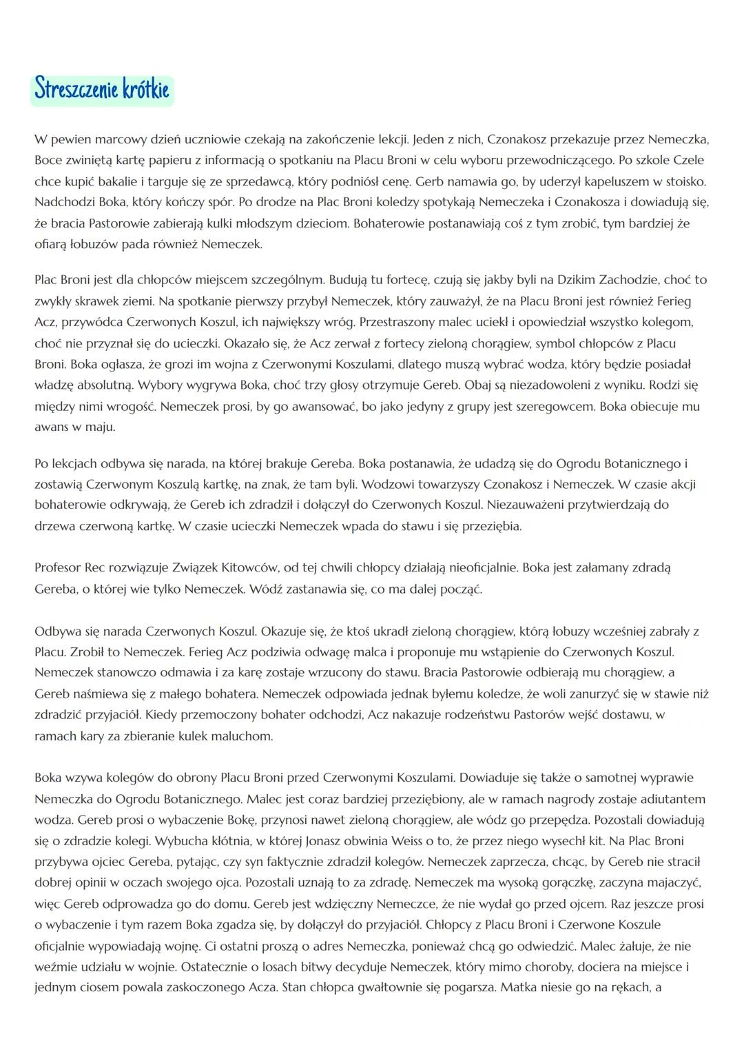 „Chłopcy z Placu Broni" - Ferenc Molnár
Czas i miejsce akcji
Głównym miejscem akcji jest Plac Broni, znajdujący się między ulicami Pawła i M