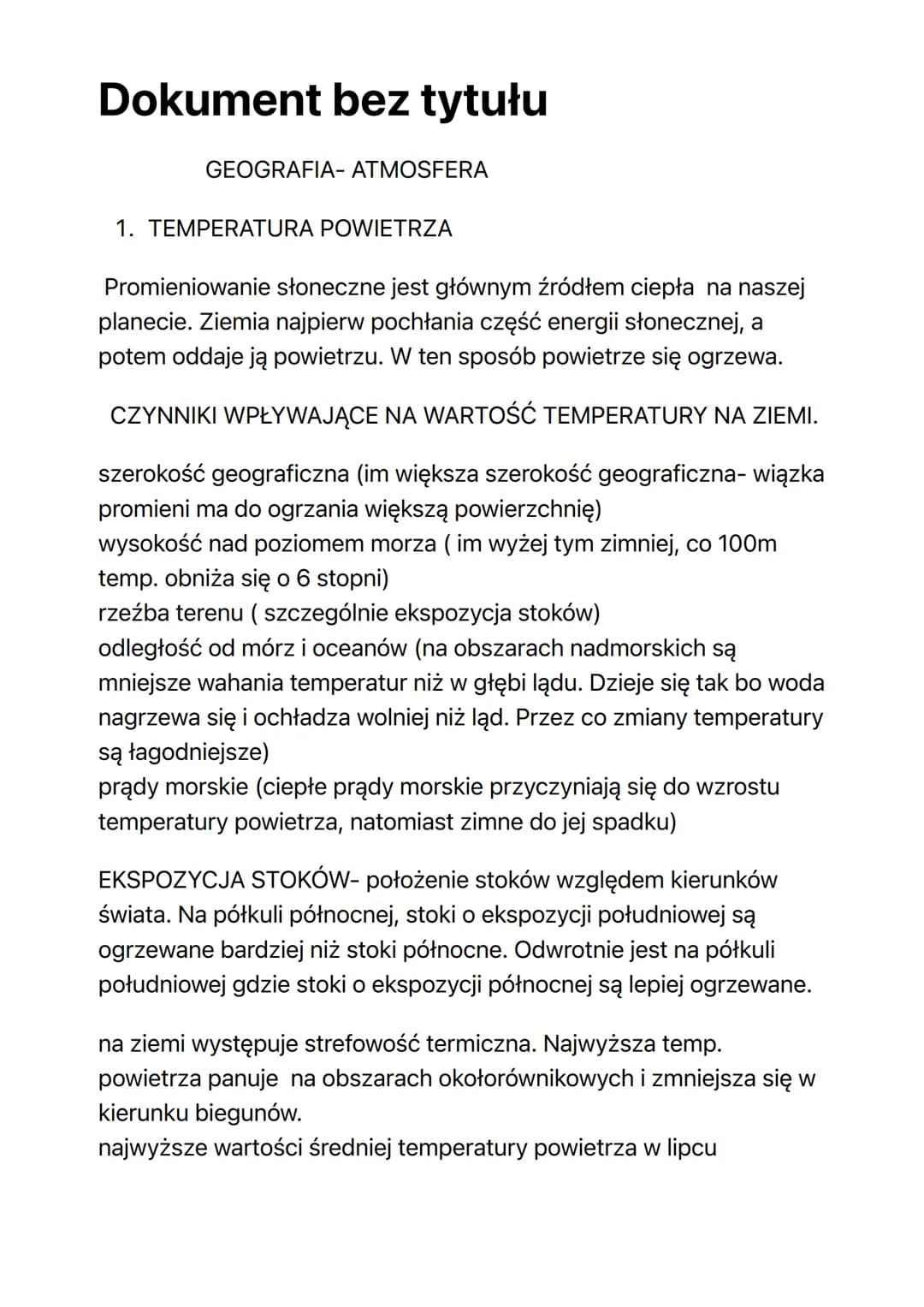 Dokument bez tytułu
GEOGRAFIA- ATMOSFERA
1. TEMPERATURA POWIETRZA
Promieniowanie słoneczne jest głównym źródłem ciepła na naszej
planecie. Z