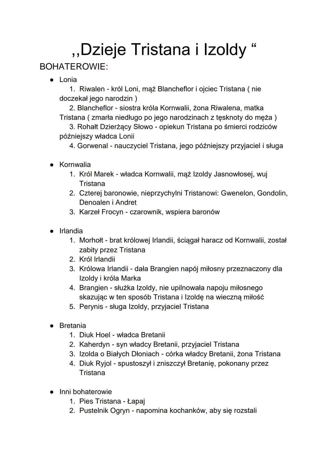 # ,,Dzieje Tristana i Izoldy "

BOHATEROWIE:

*   Lonia

    1.  Riwalen - król Loni, mąż Blancheflor i ojciec Tristana (nie
        doczeka