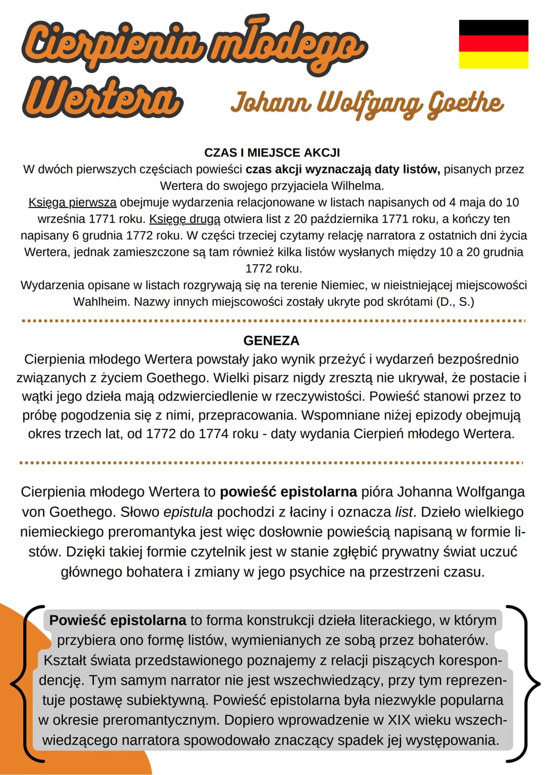 Cierpienia młodego
Wertern
Johann Wolfgang Goethe
CZAS I MIEJSCE AKCJI
W dwóch pierwszych częściach powieści czas akcji wyznaczają daty list