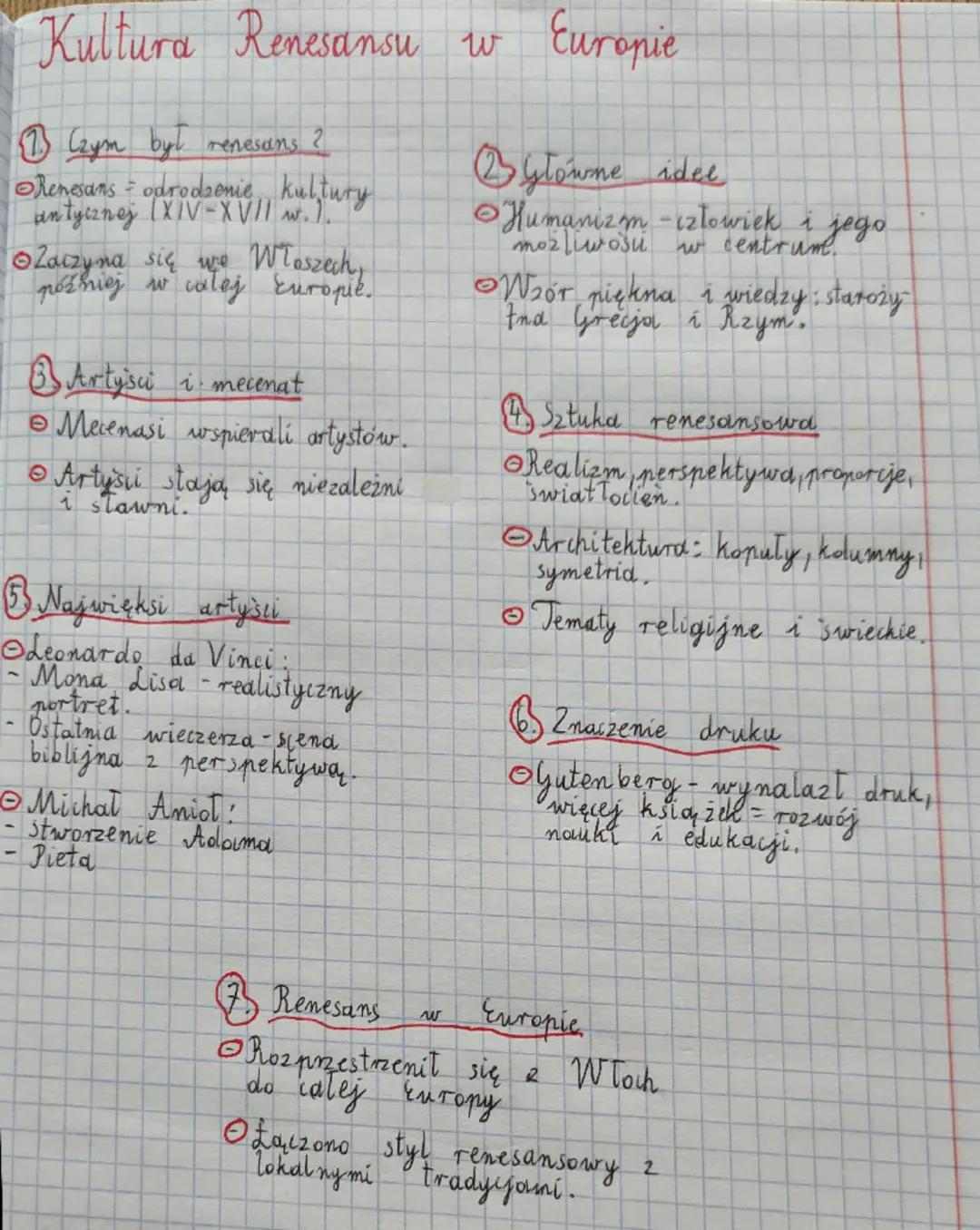 ## Kultura Renesansu w Europie

1. **Czym był renesans?**
- Renesans - odrodzenie kultury antycznej (XIV-XVII w.).
- Zaczyna się we Włoszech