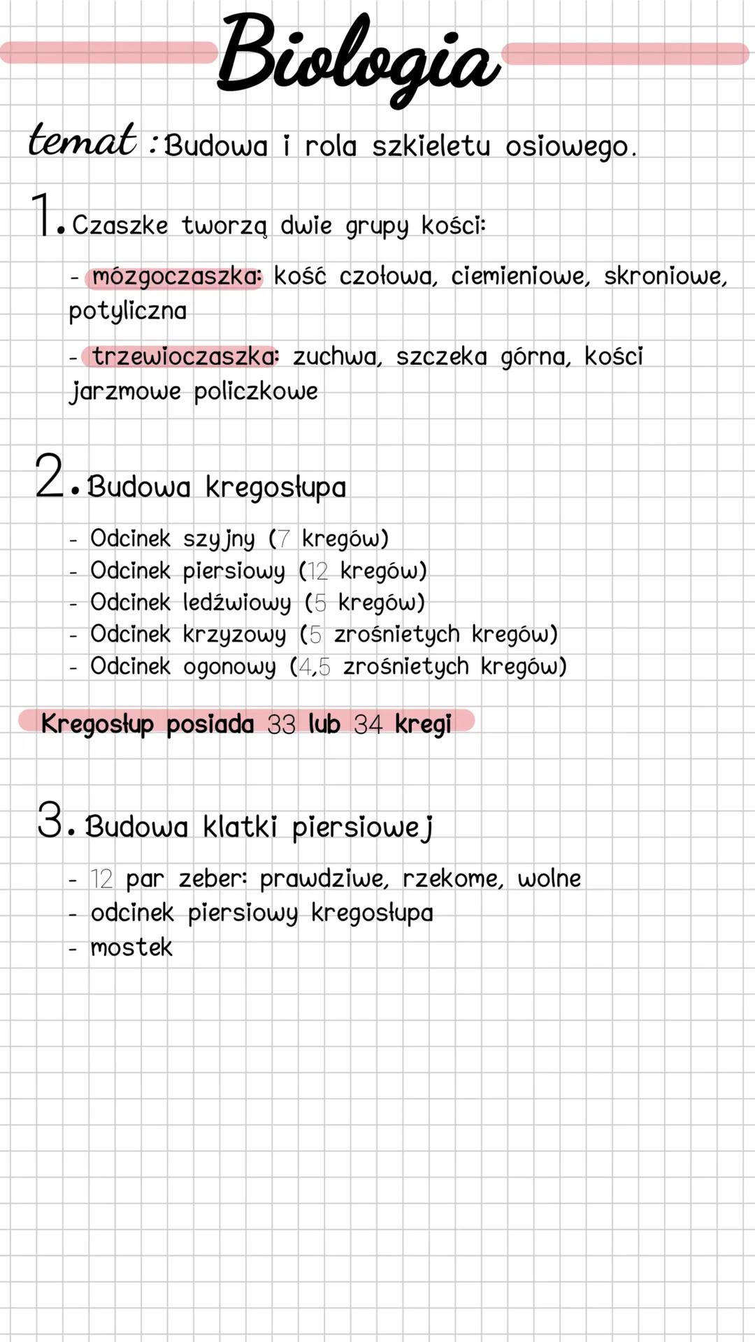 # Biologia

temat : Budowa i rola szkieletu osiowego.

1. Czaszke tworzą dwie grupy kości:

- mózgoczaszka: kość czołowa, ciemieniowe, skron