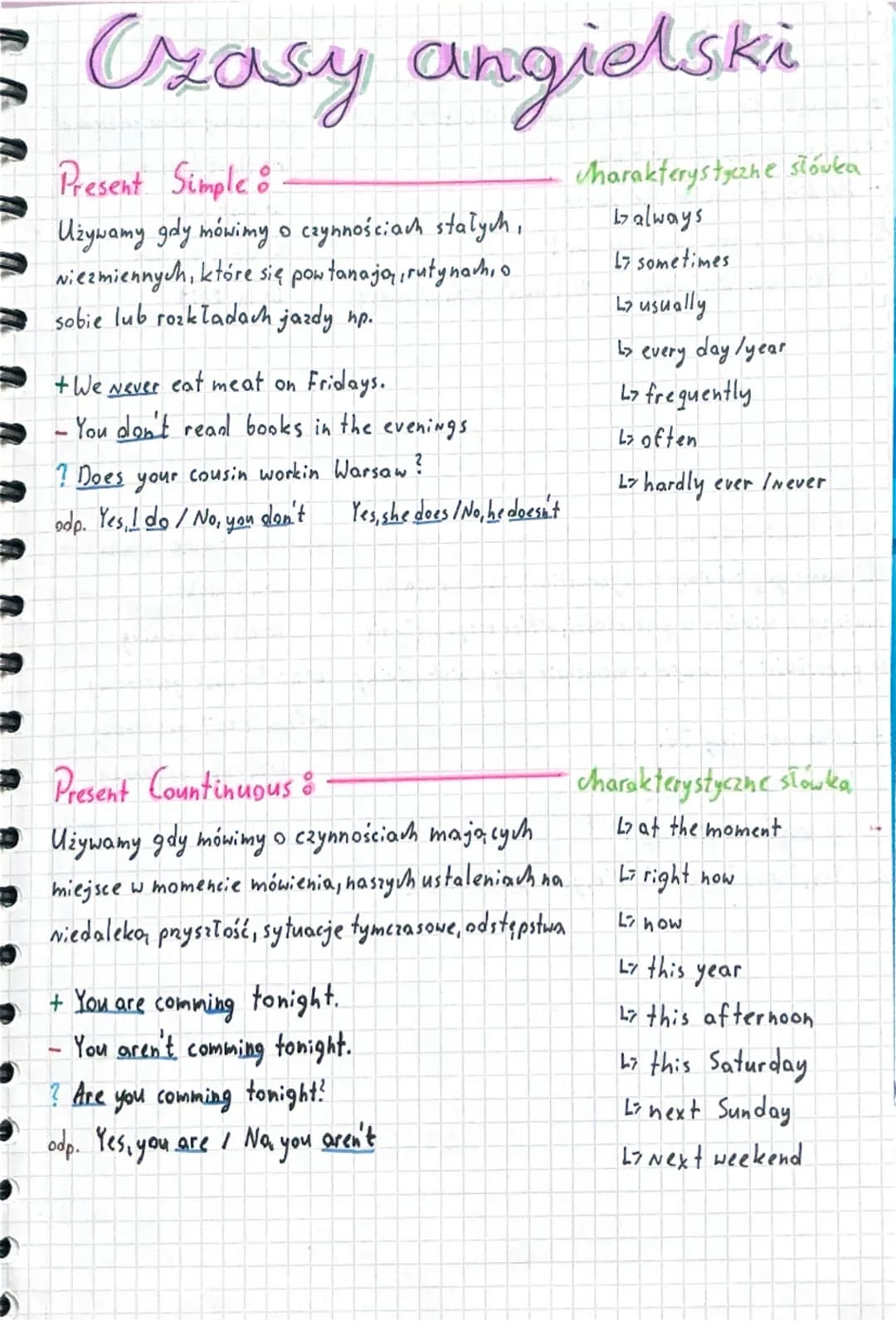 Czasy angielski
Present Simple
Używamy gdy mówimy o czynnościach stałych,
Niezmiennych, które się powtanają,, rutynach,。.
sobie lub rozklada
