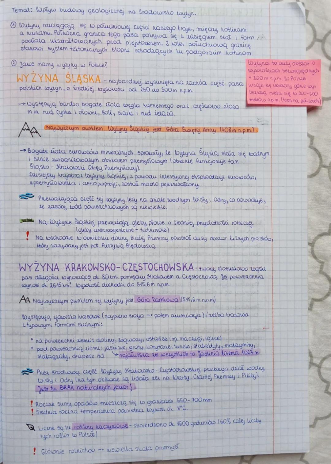 Temat: wpływ budowy geologicznej na środowisko wyżyn.
Wyżyny rozciągają się w południowej części naszego kraju, między kotlinami
a nizinami.