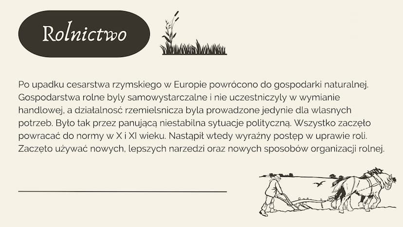 DO
Średniowieczne
wsie i miasta
V
V
V
♥
V
V
V
V
V
V
V
88
Lancone
188lUla8
目 Rolnictwo
Po upadku cesarstwa rzymskiego w Europie powrócono do 